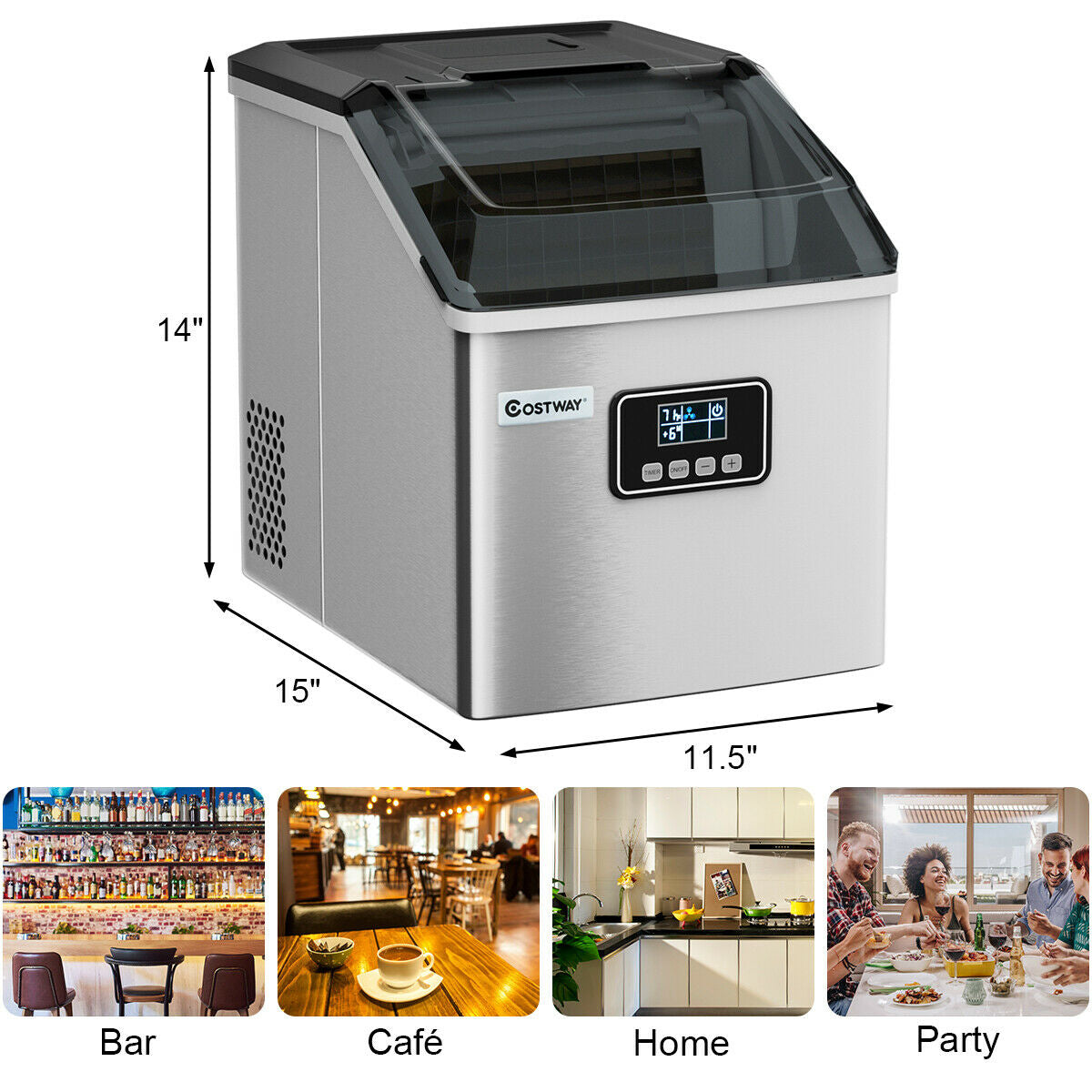 48 lbs Stainless Self-Clean Ice Maker with LCD Display Kids Crystal
