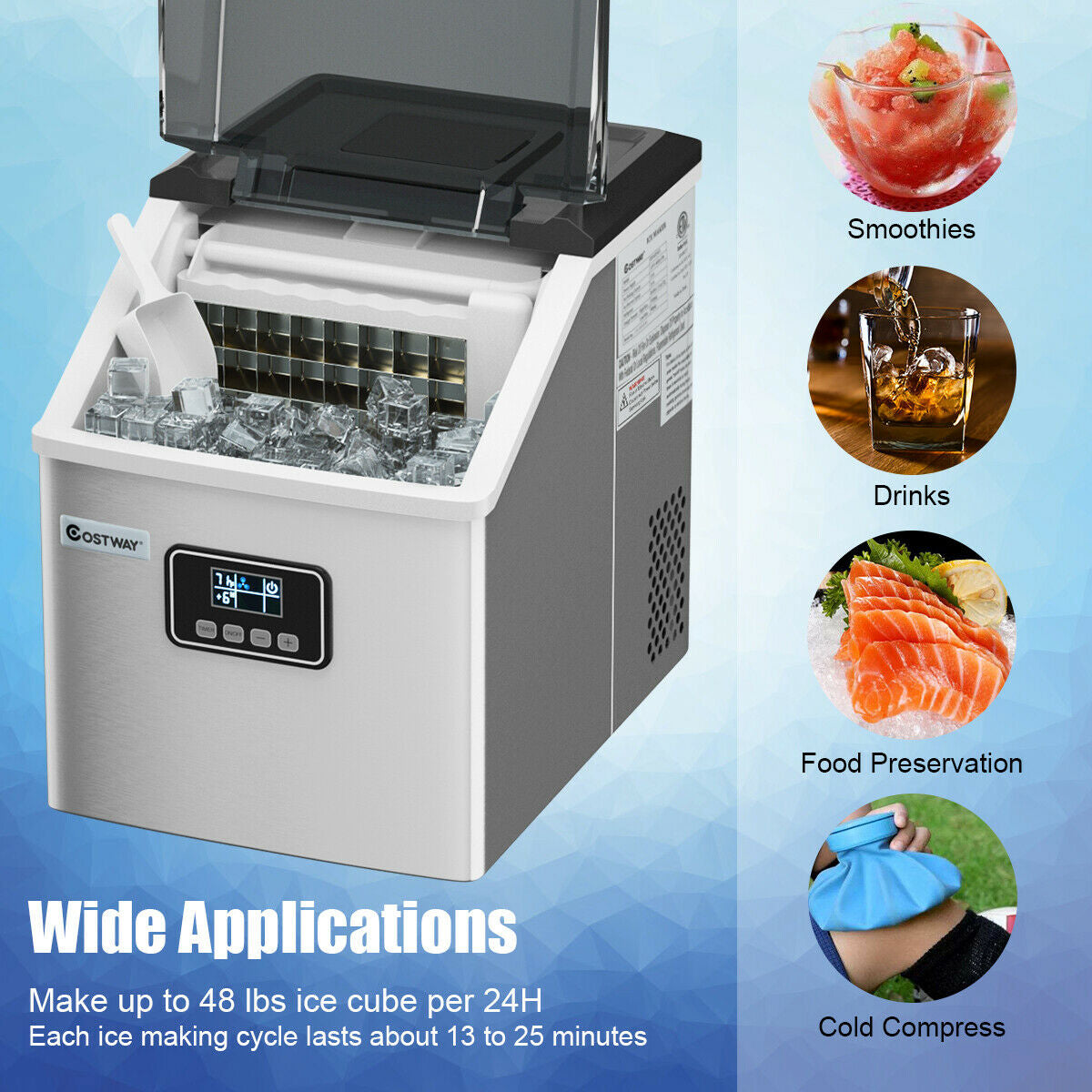 48 lbs Stainless Self-Clean Ice Maker with LCD Display Kids Crystal