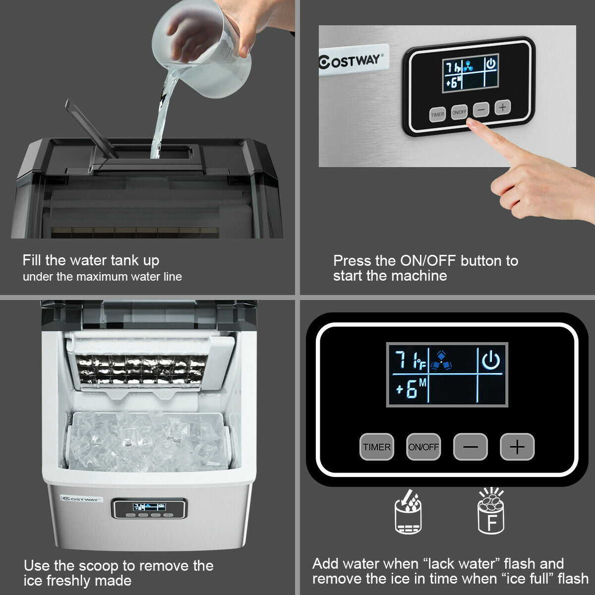 48 lbs Stainless Self-Clean Ice Maker with LCD Display Kids Crystal