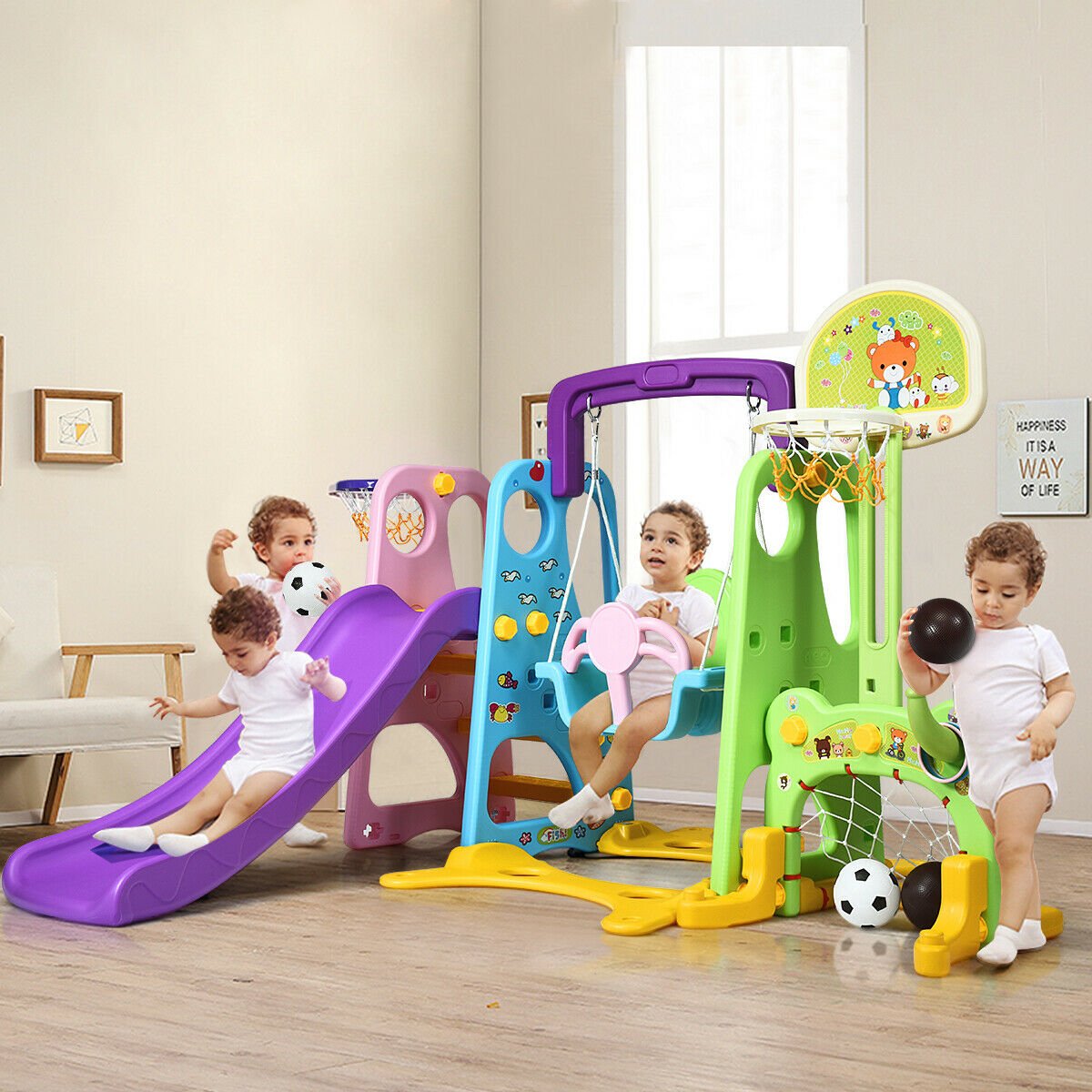 6-in-1 Climber Swing Basketball Hoop Football Gate Kids Crystal