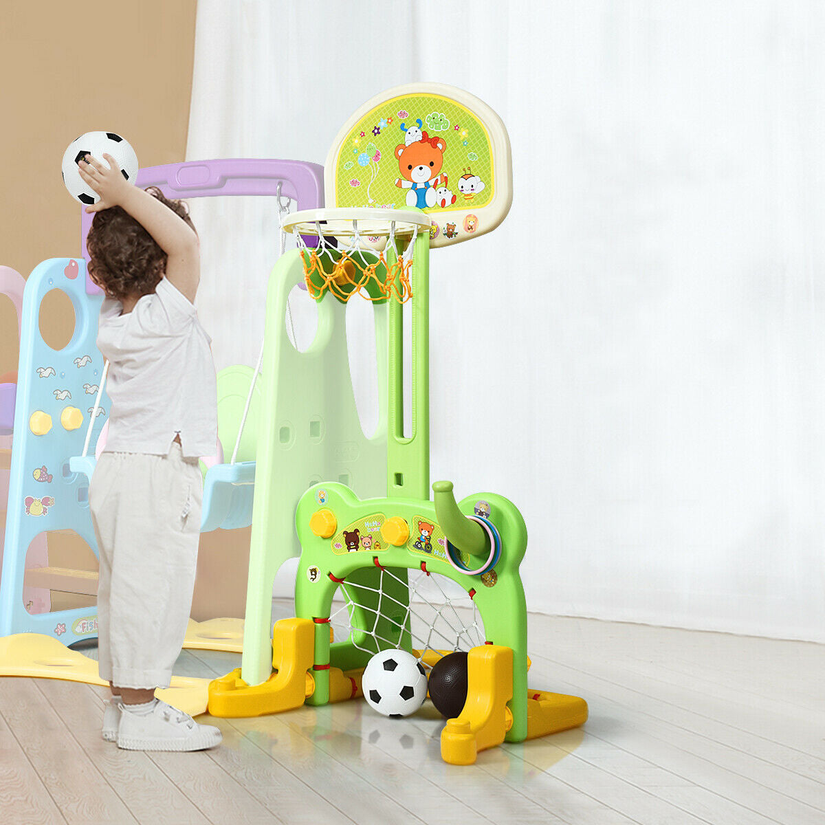 6-in-1 Climber Swing Basketball Hoop Football Gate Kids Crystal