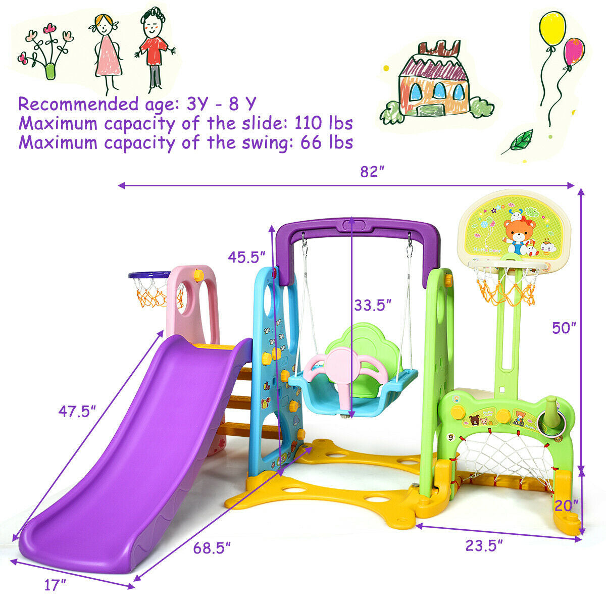 6-in-1 Climber Swing Basketball Hoop Football Gate Kids Crystal