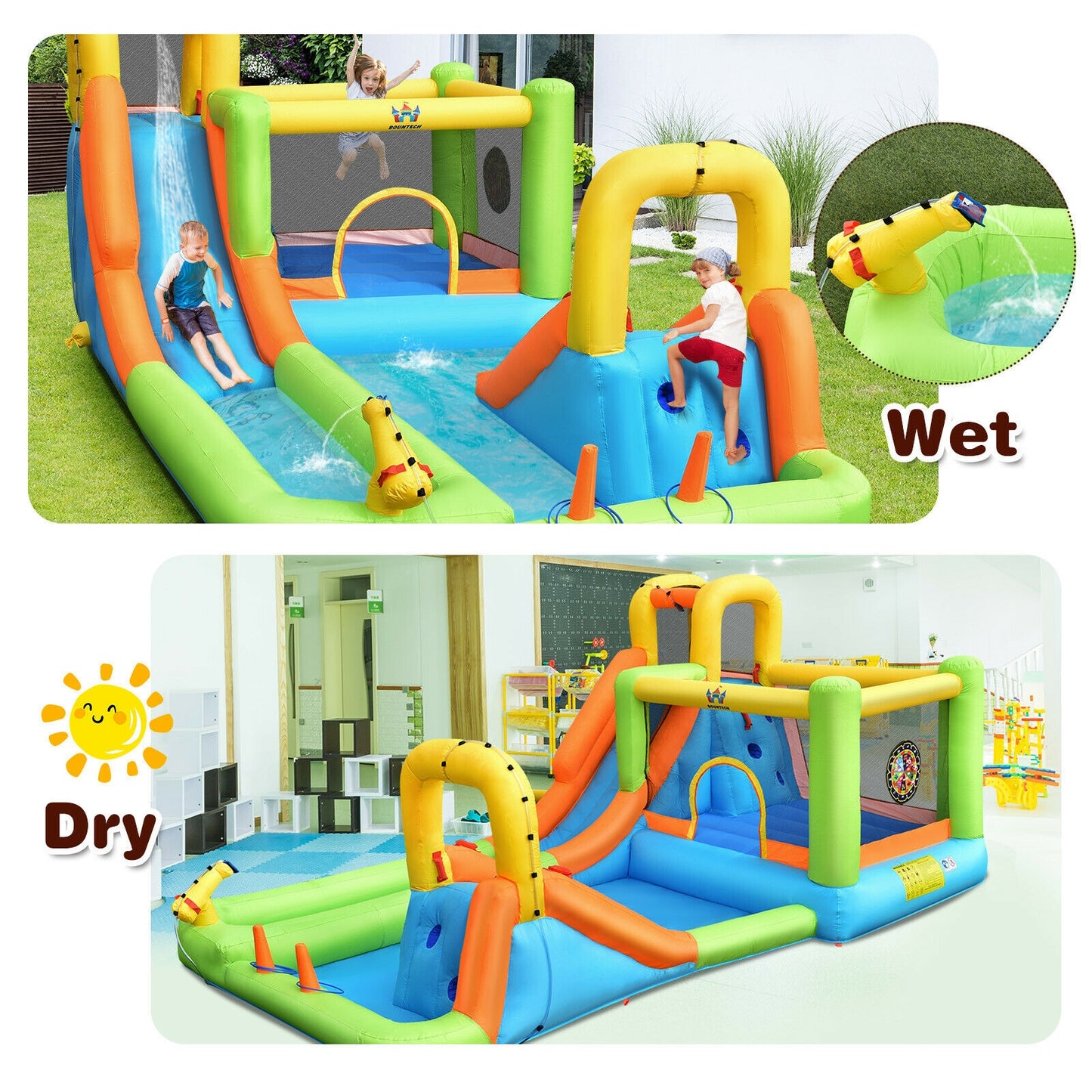 8-in-1 Inflatable Water Slide Bounce House with Splash Pool and 735W Blower Kids Crystal