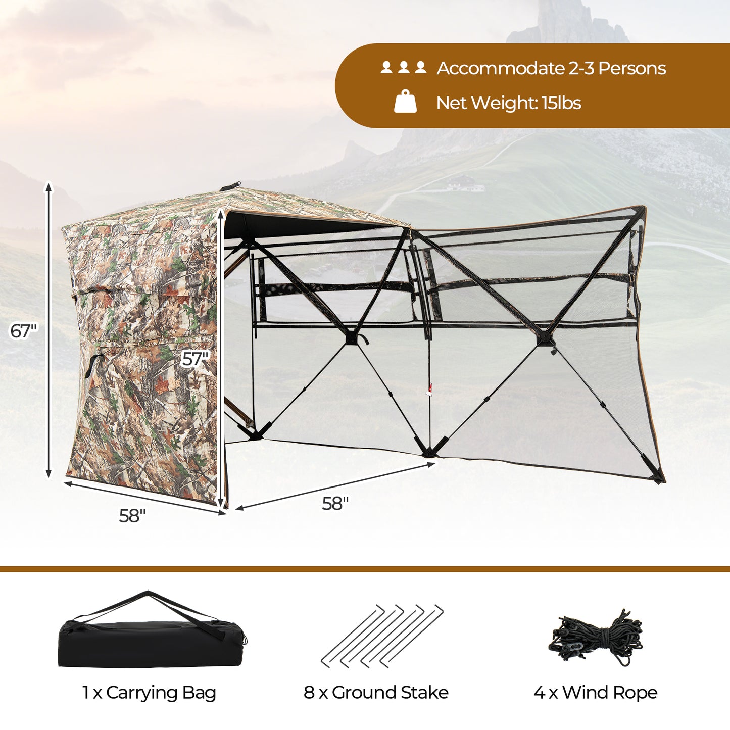 360° One Way See Through Hunting Blind Ground Blind with Portable Carrying Bag Kids Crystal