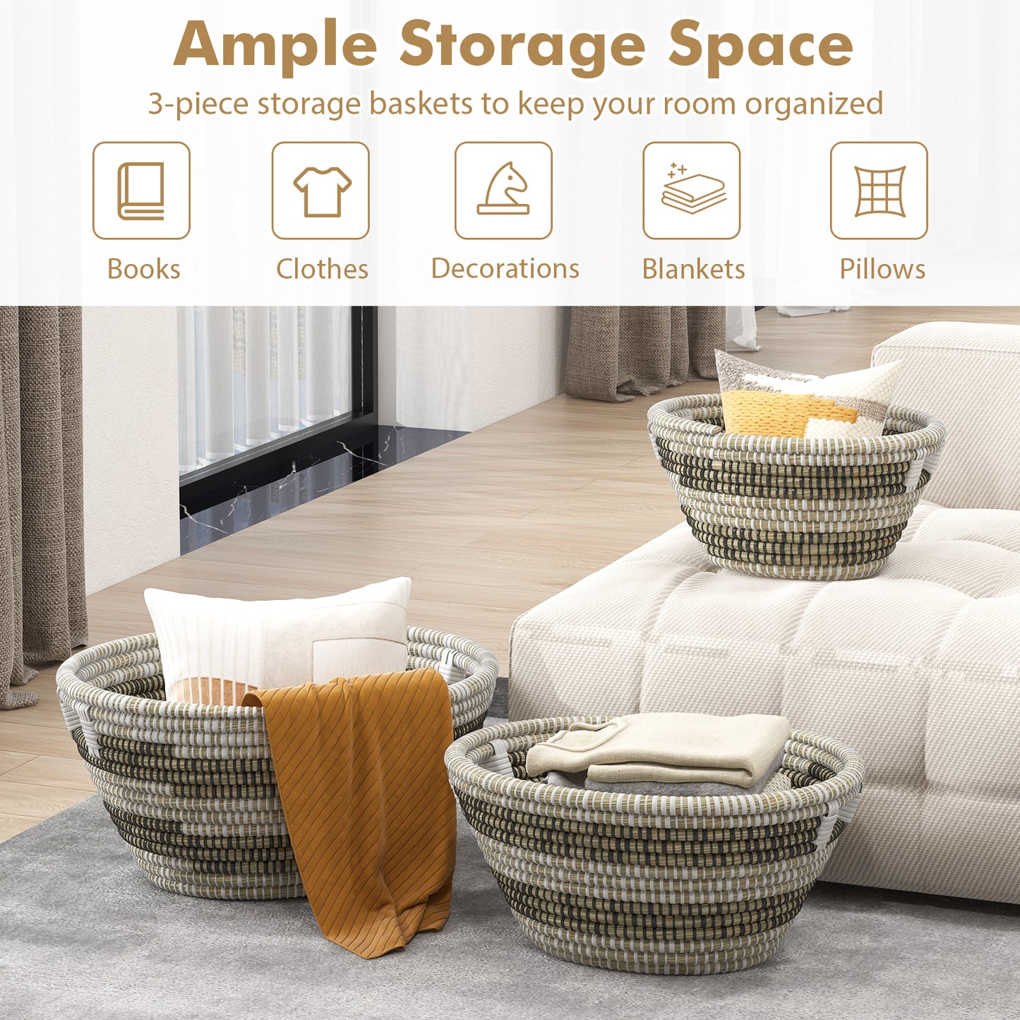 Natural Canes Grass Baskets Stackable Storage Bins Set of 3 with Hollowed Handles Kids Crystal