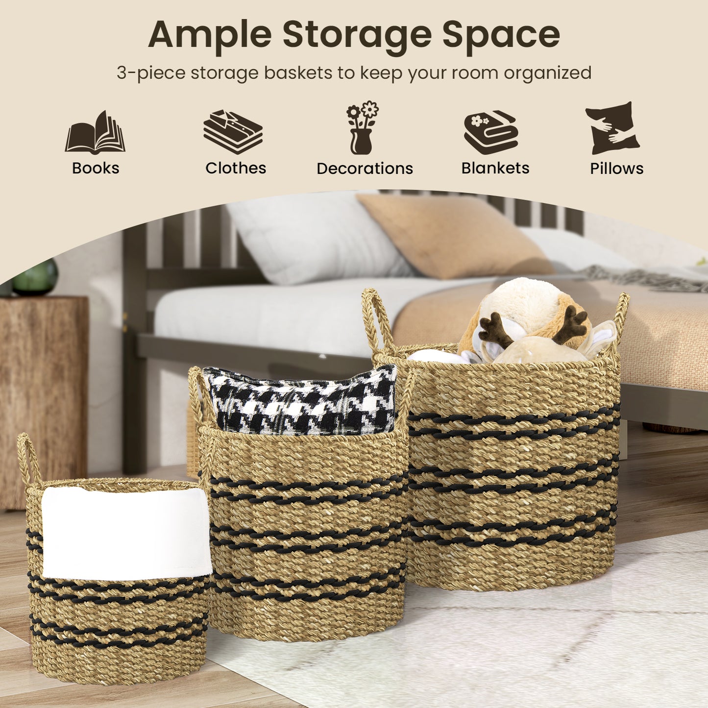 Seagrass Basket Set of 3 Stackable Storage Bins with Handles Woven Round Basket-S Kids Crystal