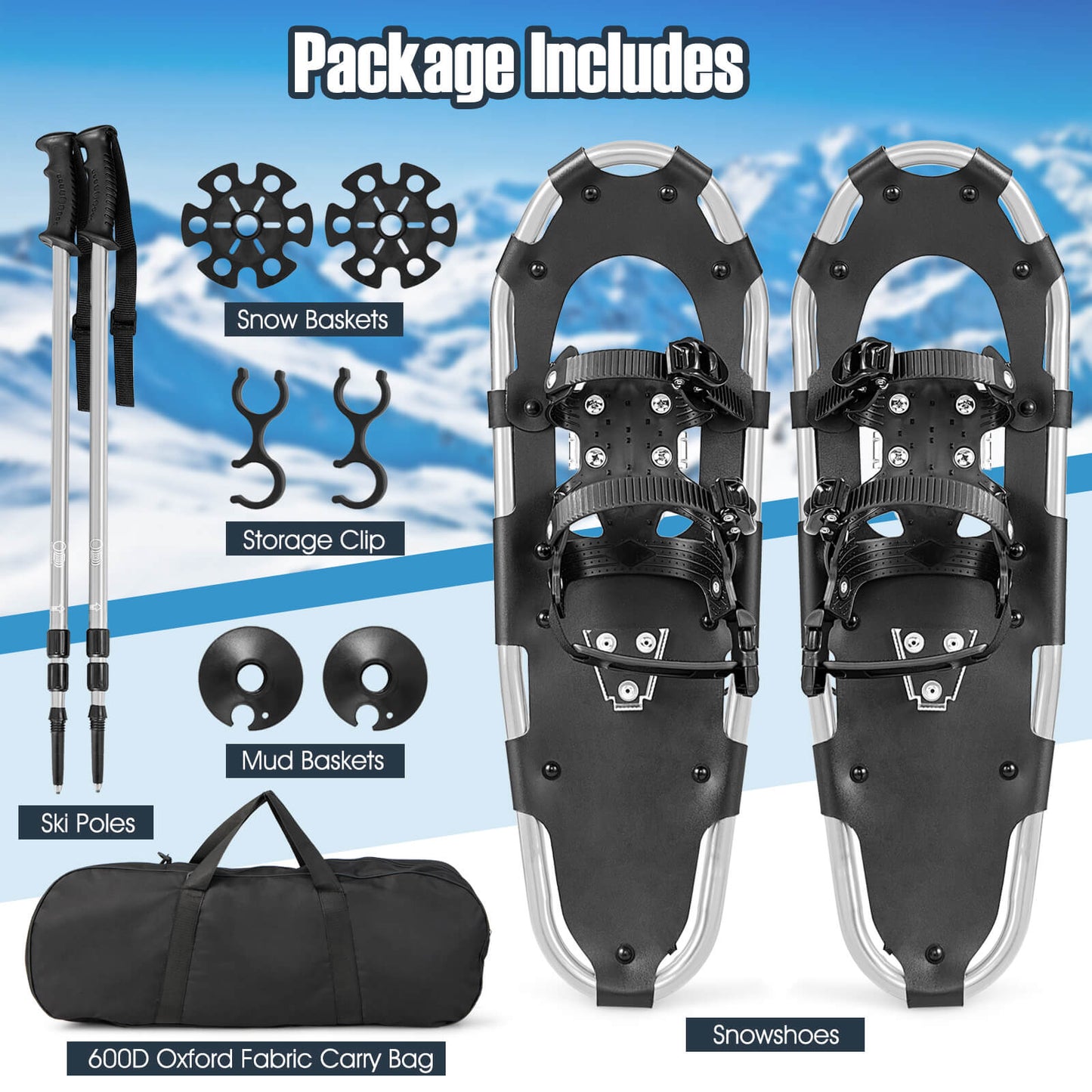 21/25/30 Inch 4-in-1 Lightweight Terrain Snowshoes with Flexible Pivot System-21 inches Kids Crystal