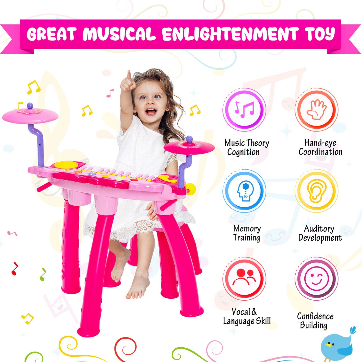 24-Key Piano Keyboard DJ Drum Combination with Microphone and MP3-Pink Kids Crystal