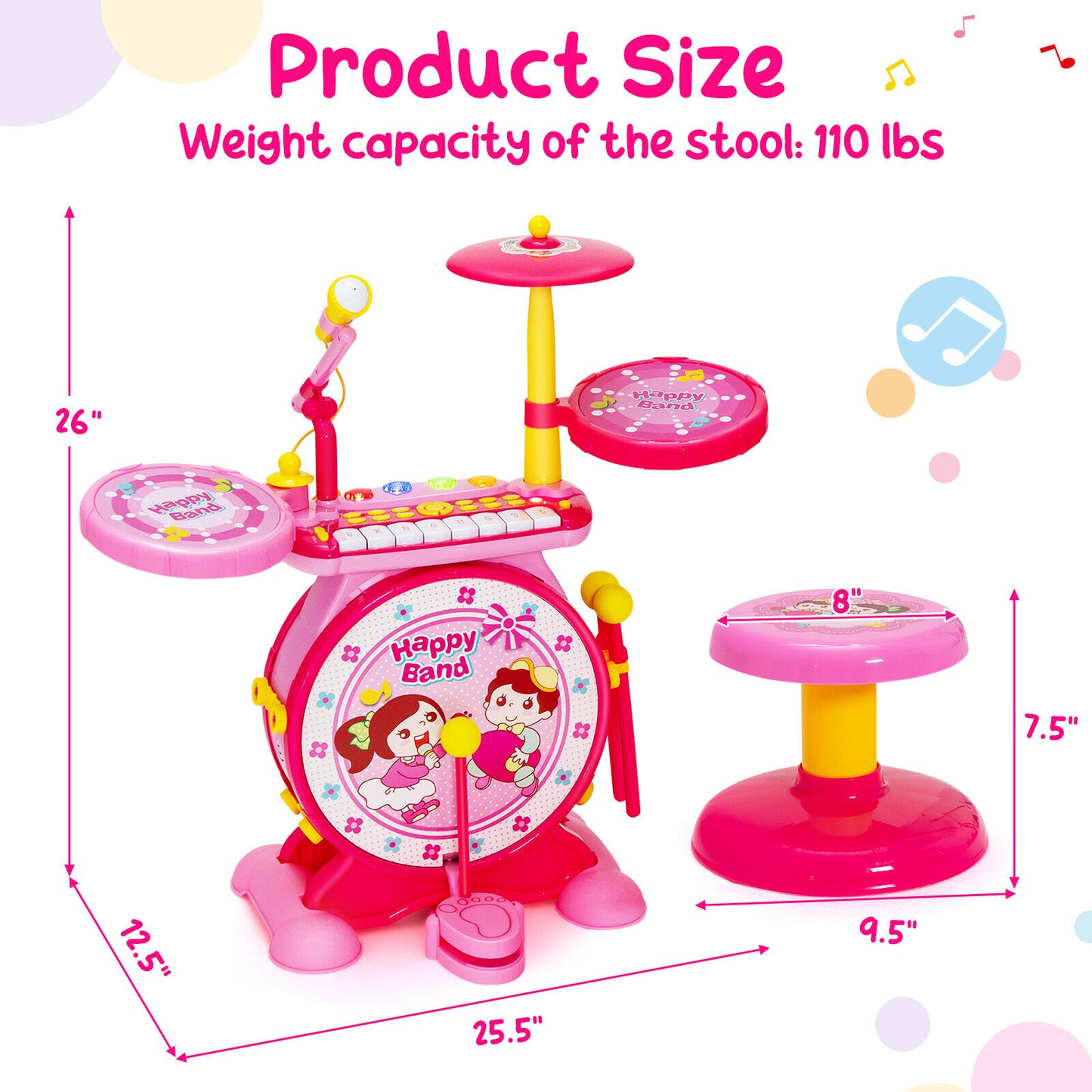 2-in-1 Kids Electronic Drum and Keyboard Set with Stool-Pink