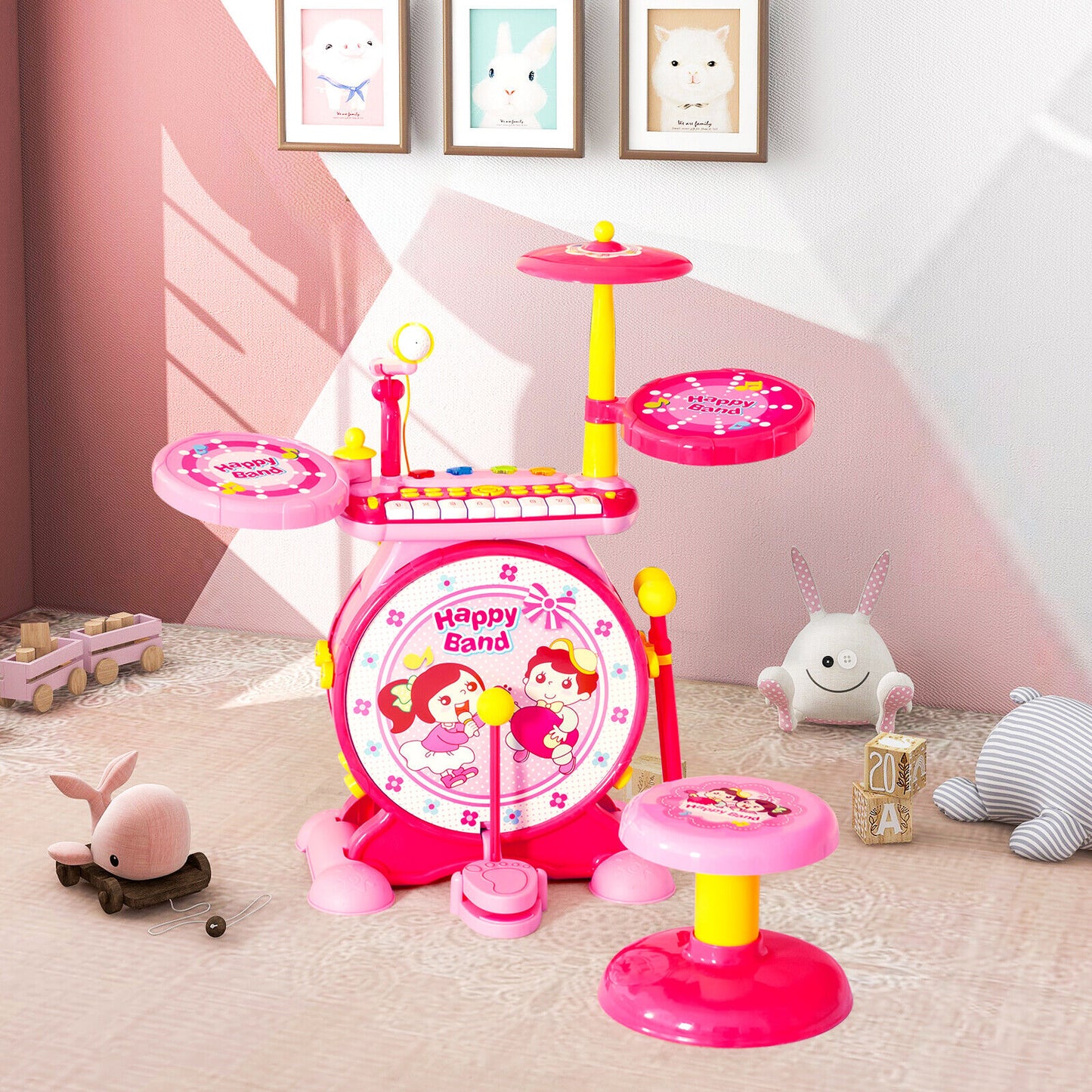 2-in-1 Kids Electronic Drum and Keyboard Set with Stool-Pink