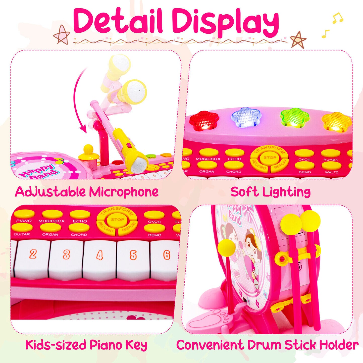 2-in-1 Kids Electronic Drum and Keyboard Set with Stool-Pink