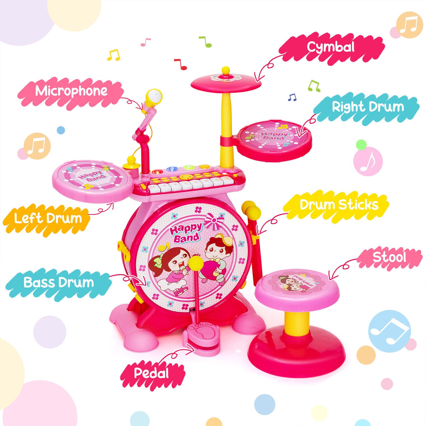 2-in-1 Kids Electronic Drum and Keyboard Set with Stool-Pink Kids Crystal