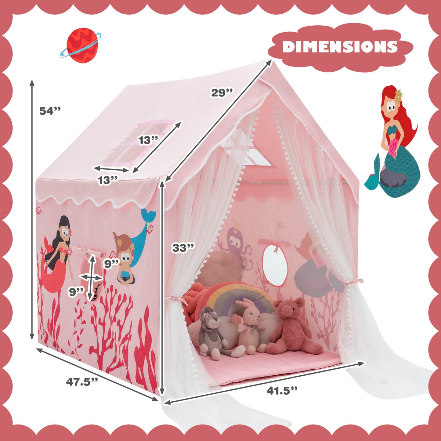 Large Kids Play Tent with Removable Cotton Mat-Pink Kids Crystal