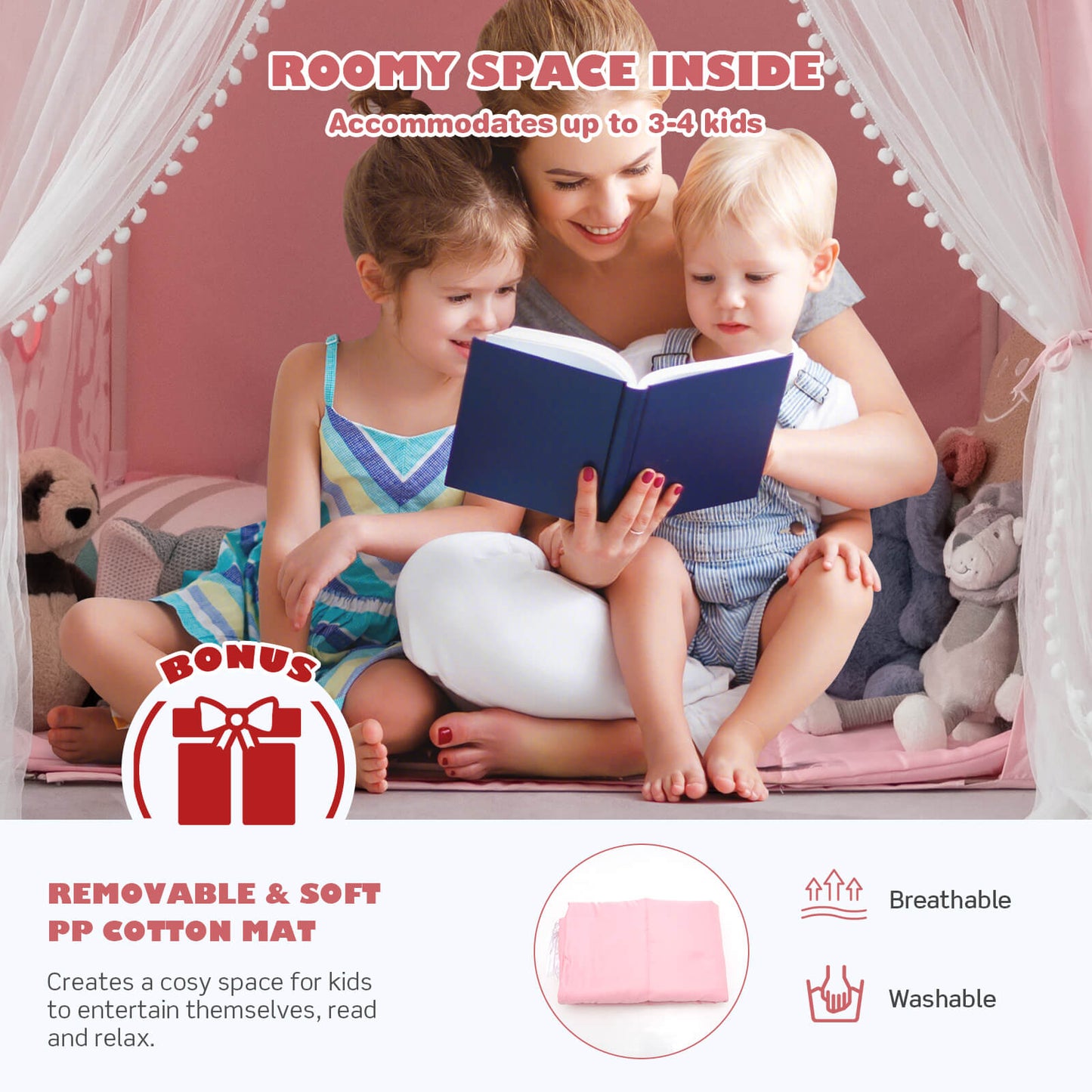 Large Kids Play Tent with Removable Cotton Mat-Pink Kids Crystal