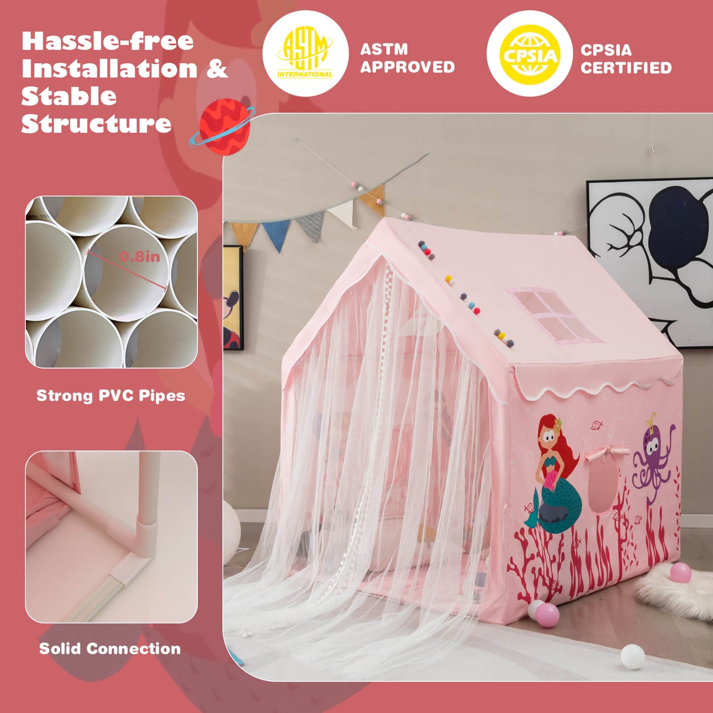 Large Kids Play Tent with Removable Cotton Mat-Pink Kids Crystal
