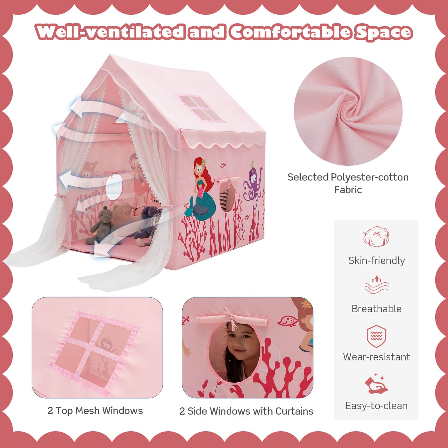 Large Kids Play Tent with Removable Cotton Mat-Pink Kids Crystal