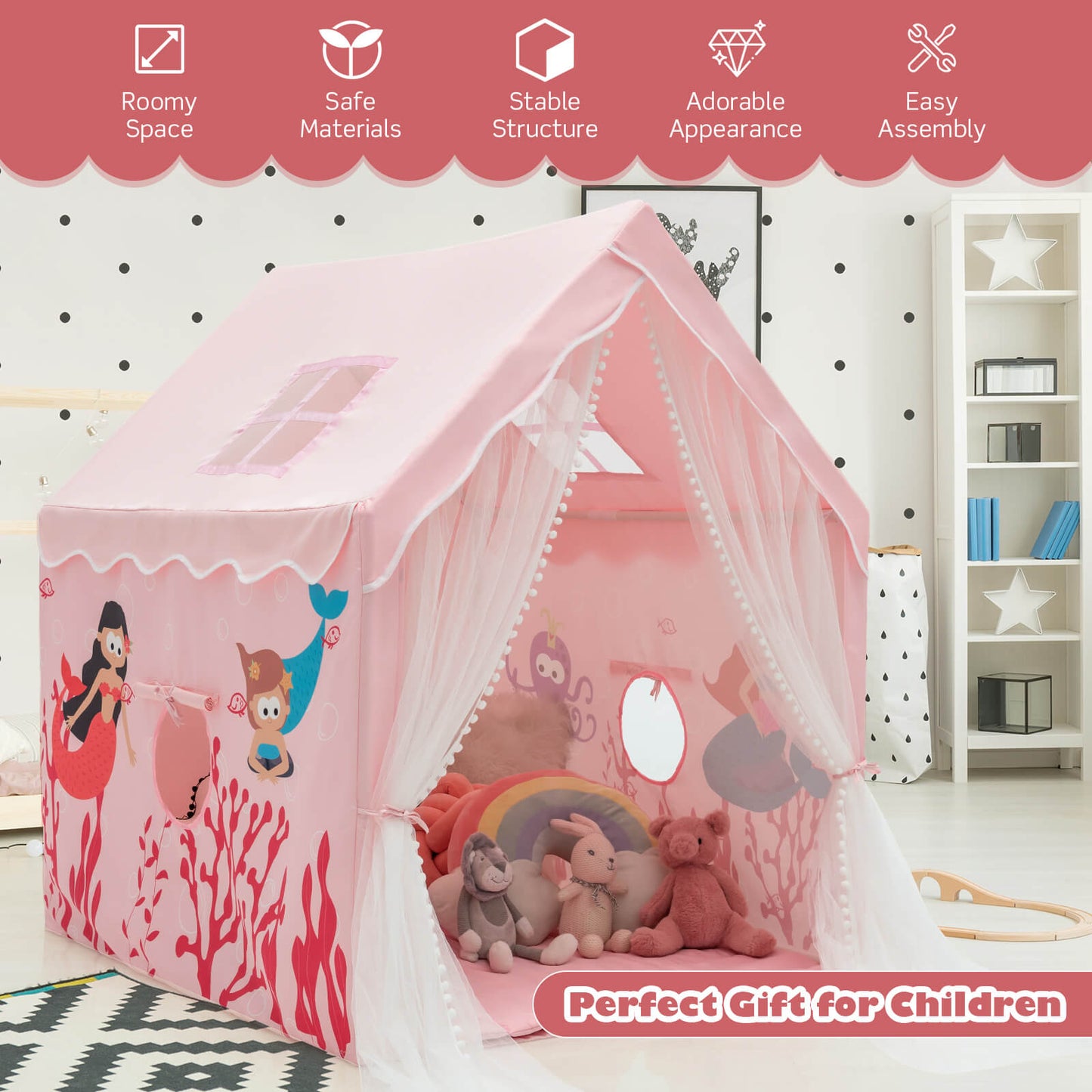 Large Kids Play Tent with Removable Cotton Mat-Pink Kids Crystal