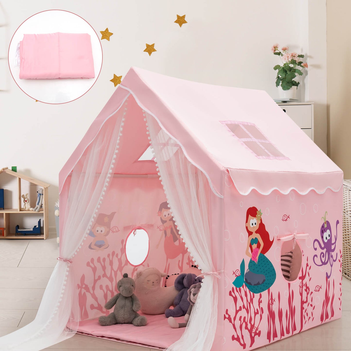 Large Kids Play Tent with Removable Cotton Mat-Pink Kids Crystal