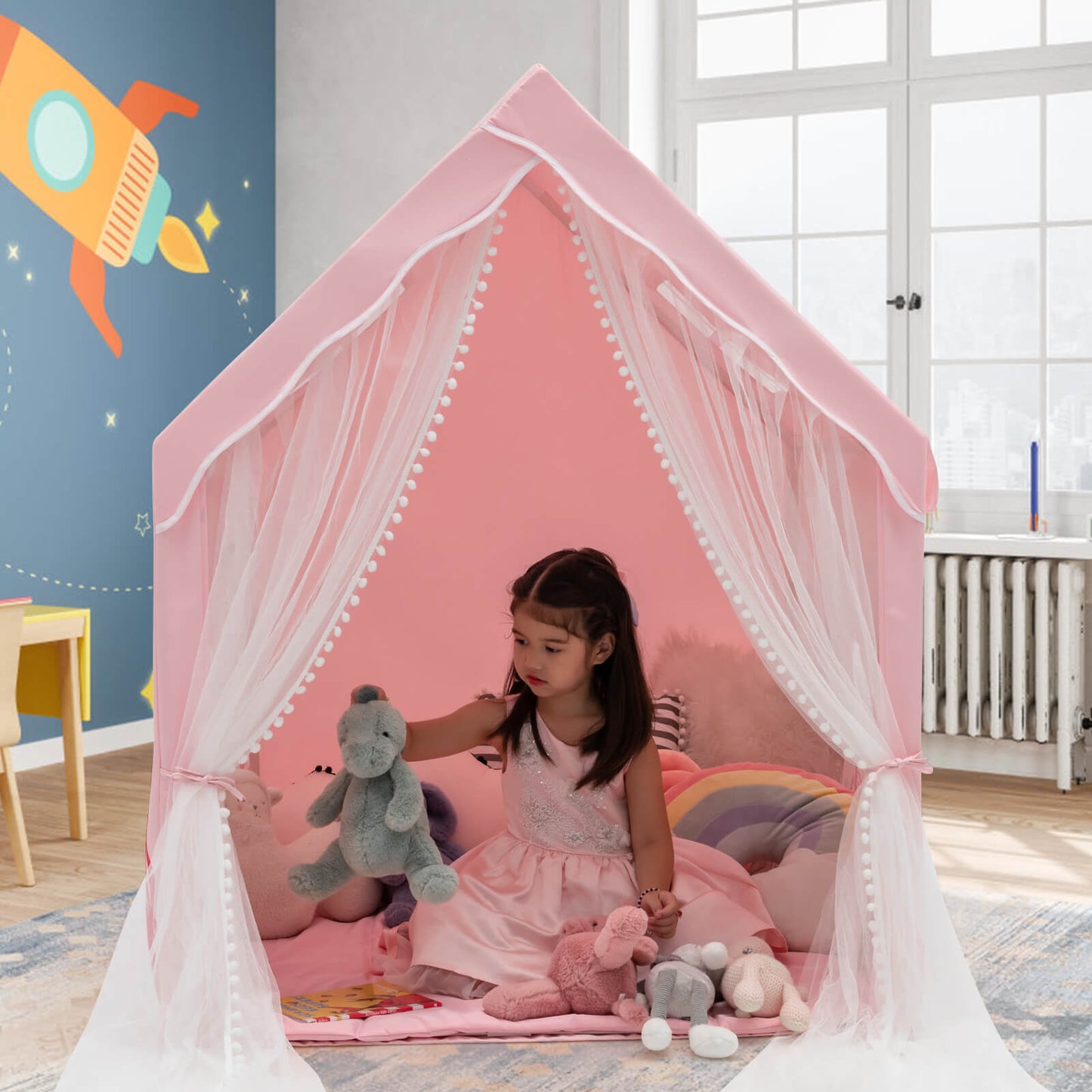 Large Kids Play Tent with Removable Cotton Mat-Pink Kids Crystal