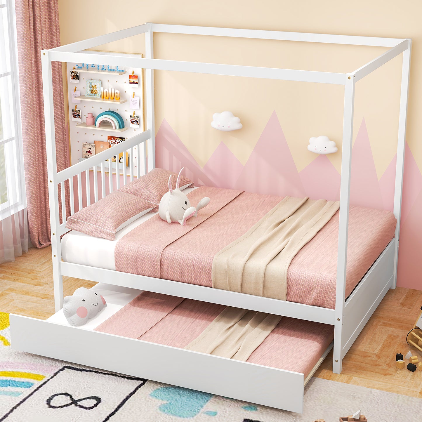 Full Size Canopy Bed with Trundle Wooden Platform Bed Frame Headboard-White Kids Crystal