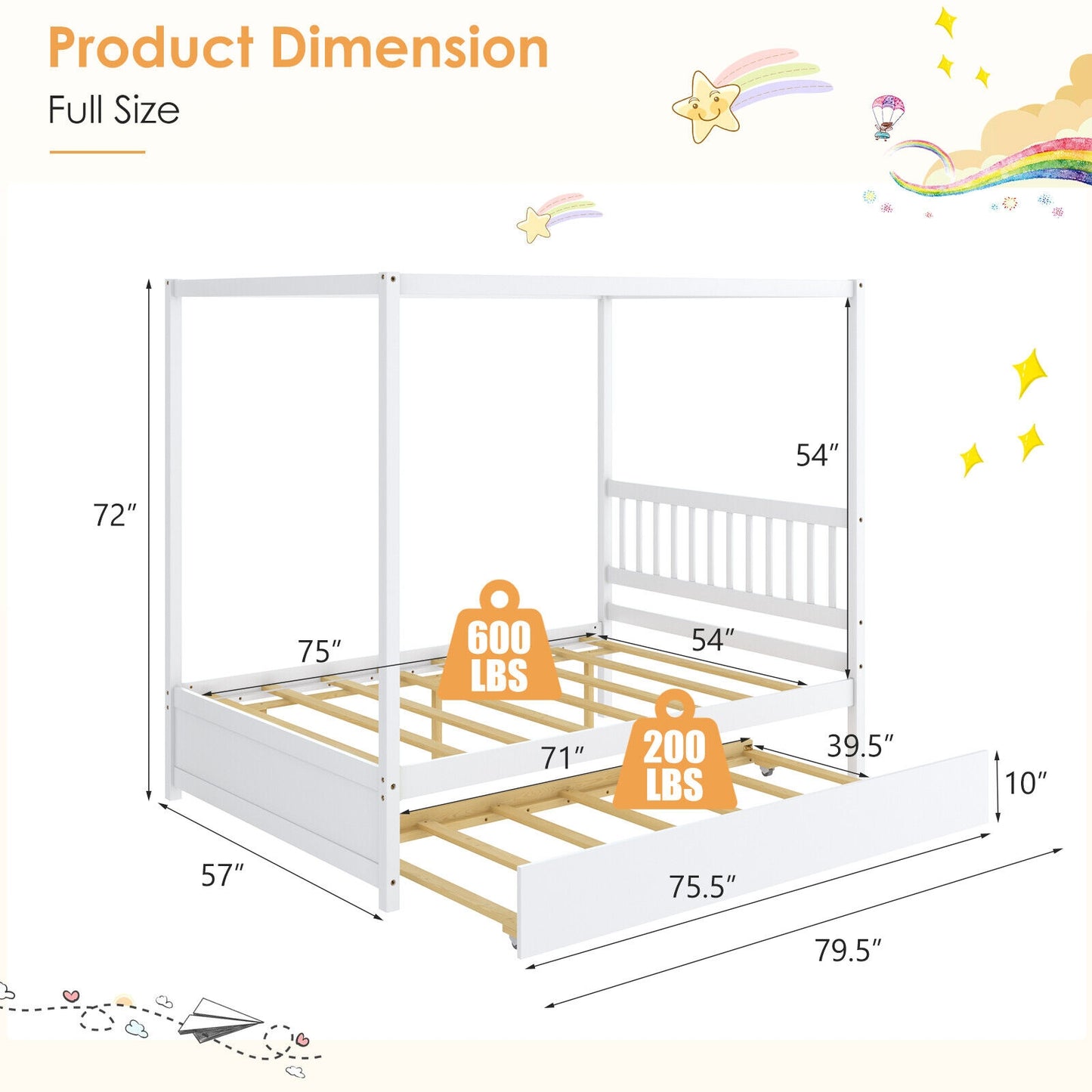 Full Size Canopy Bed with Trundle Wooden Platform Bed Frame Headboard-White Kids Crystal