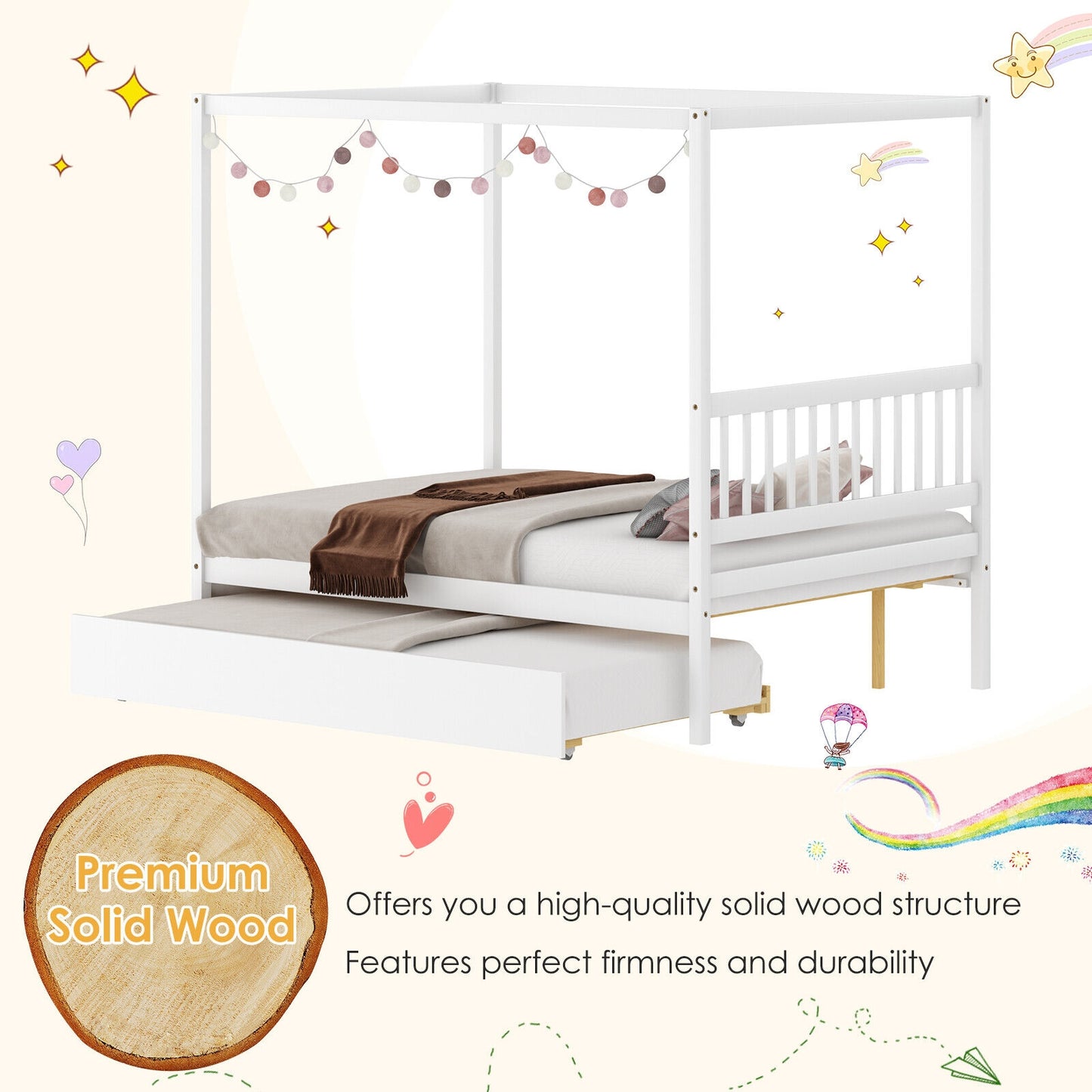 Full Size Canopy Bed with Trundle Wooden Platform Bed Frame Headboard-White Kids Crystal