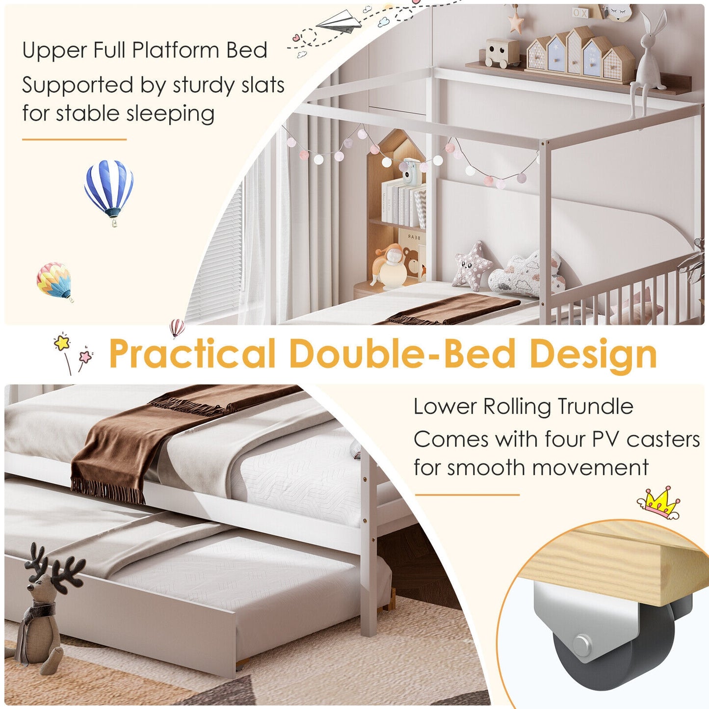 Full Size Canopy Bed with Trundle Wooden Platform Bed Frame Headboard-White Kids Crystal