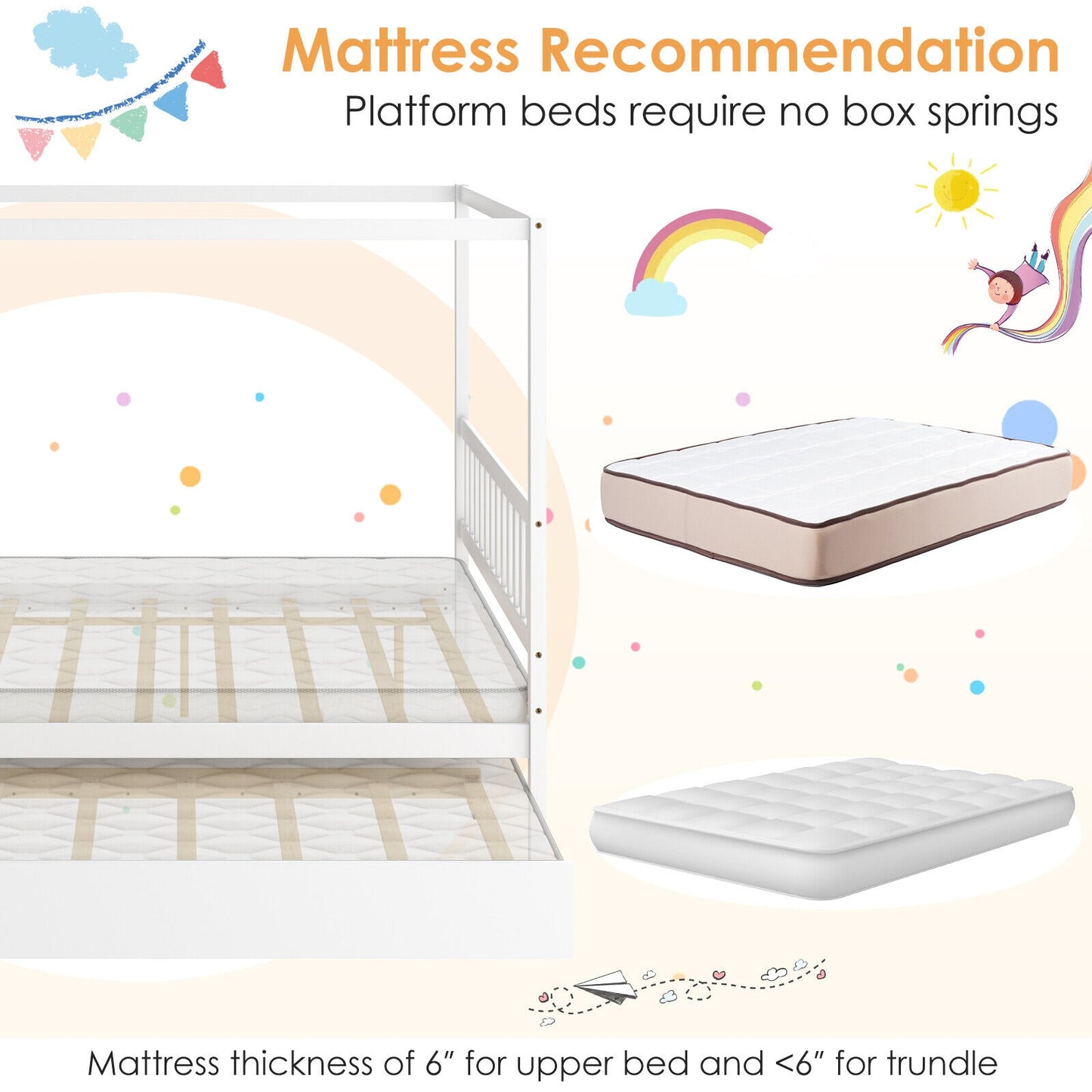 Full Size Canopy Bed with Trundle Wooden Platform Bed Frame Headboard-White Kids Crystal
