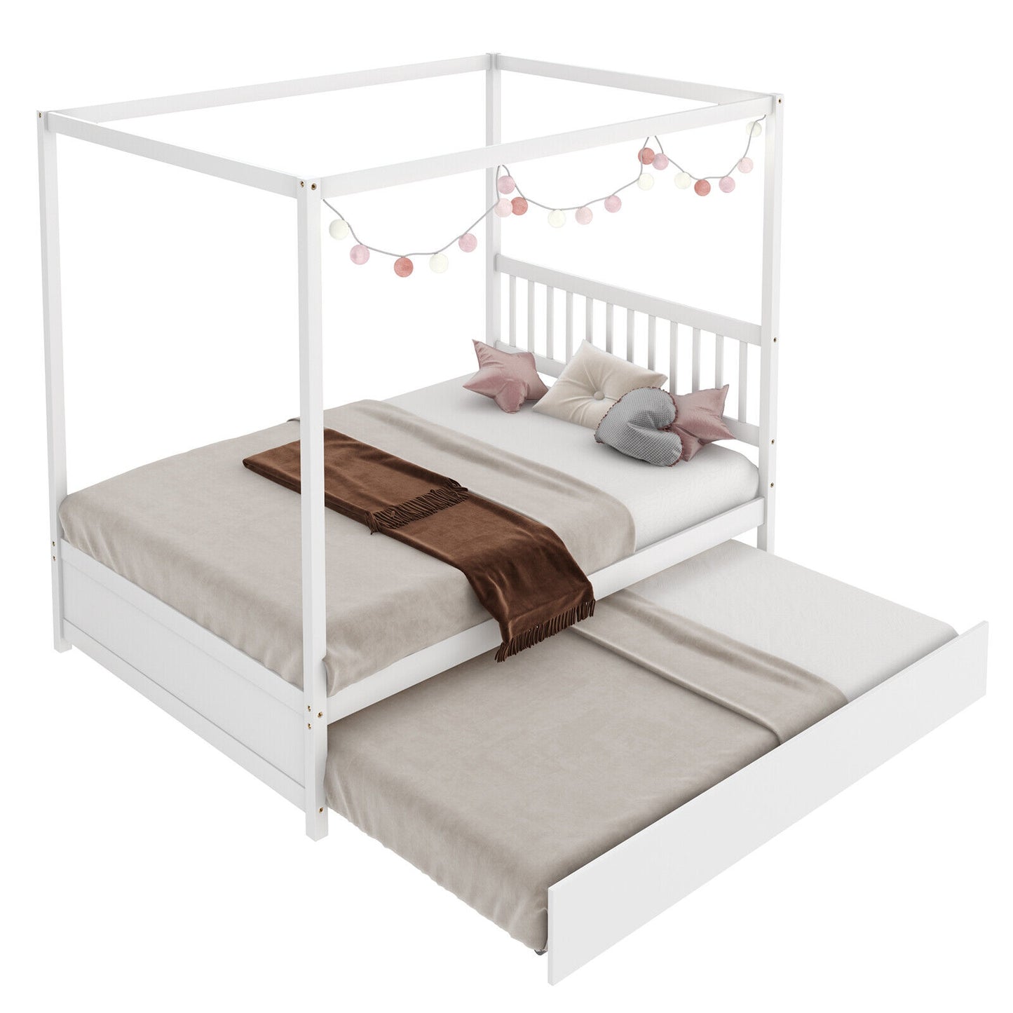 Full Size Canopy Bed with Trundle Wooden Platform Bed Frame Headboard-White Kids Crystal