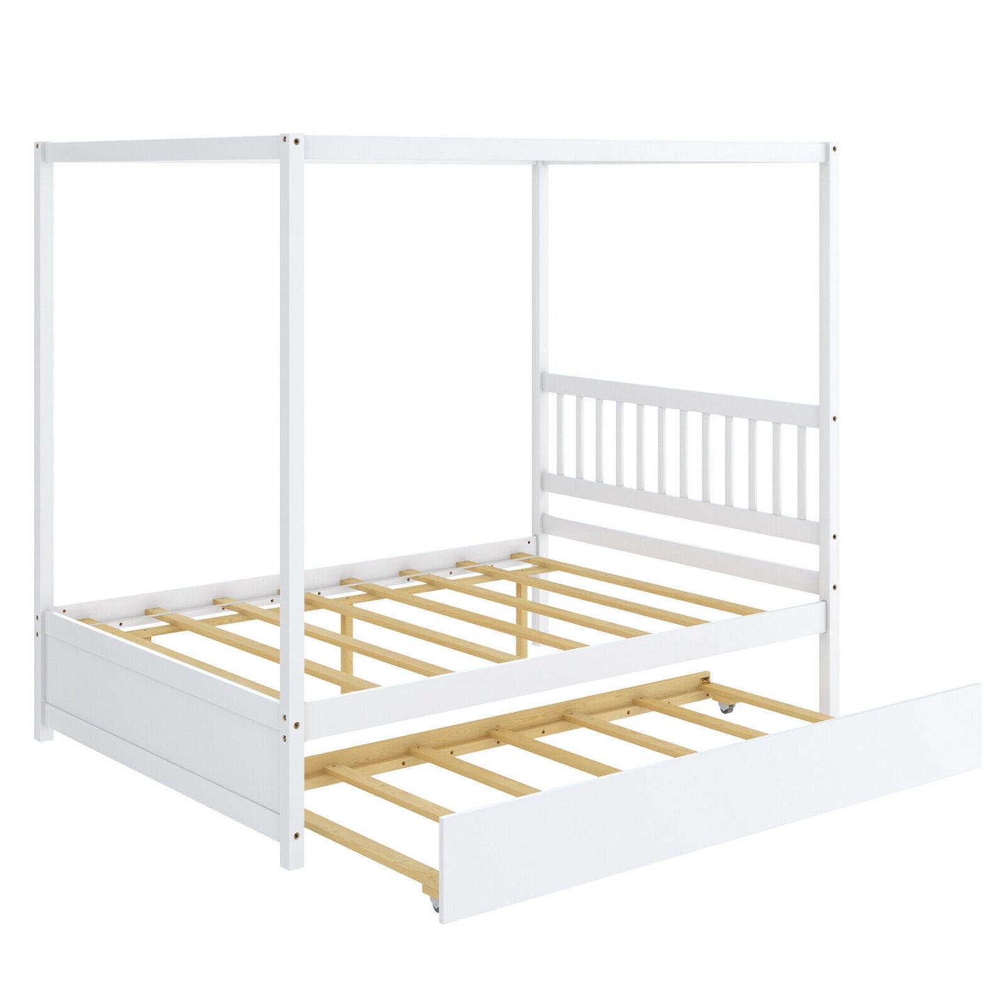 Full Size Canopy Bed with Trundle Wooden Platform Bed Frame Headboard-White Kids Crystal
