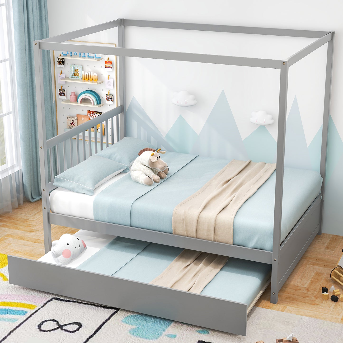 Full Size Canopy Bed with Trundle Wooden Platform Bed Frame Headboard-Gray Kids Crystal