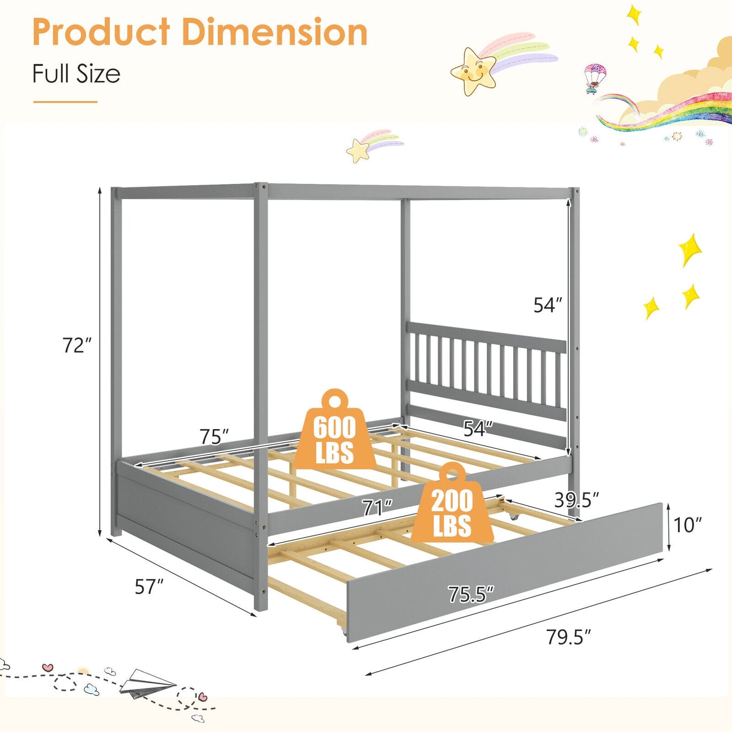 Full Size Canopy Bed with Trundle Wooden Platform Bed Frame Headboard-Gray Kids Crystal