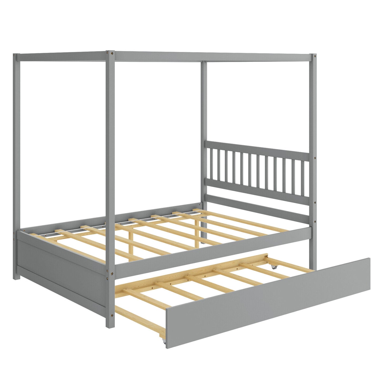 Full Size Canopy Bed with Trundle Wooden Platform Bed Frame Headboard-Gray Kids Crystal