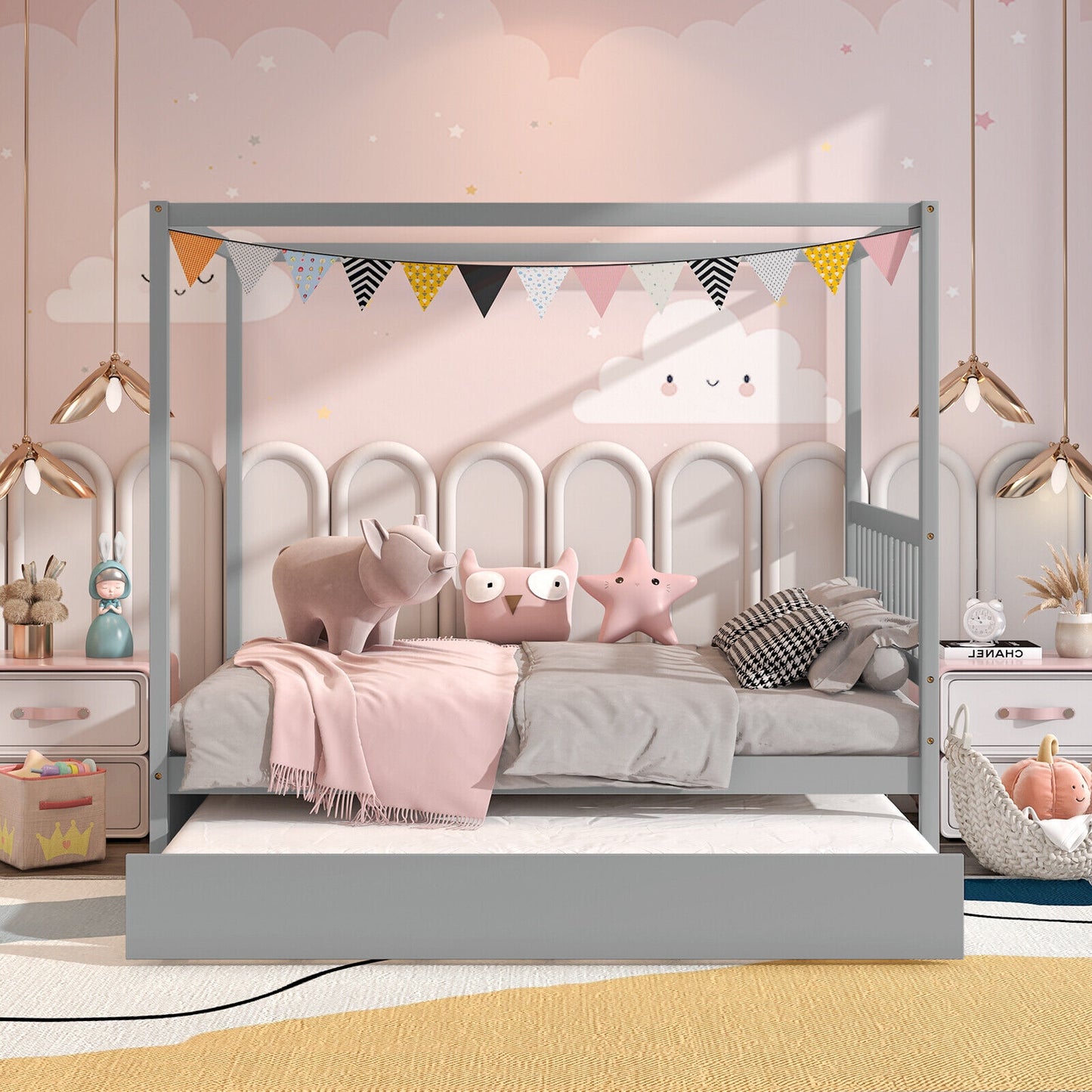 Full Size Canopy Bed with Trundle Wooden Platform Bed Frame Headboard-Gray Kids Crystal