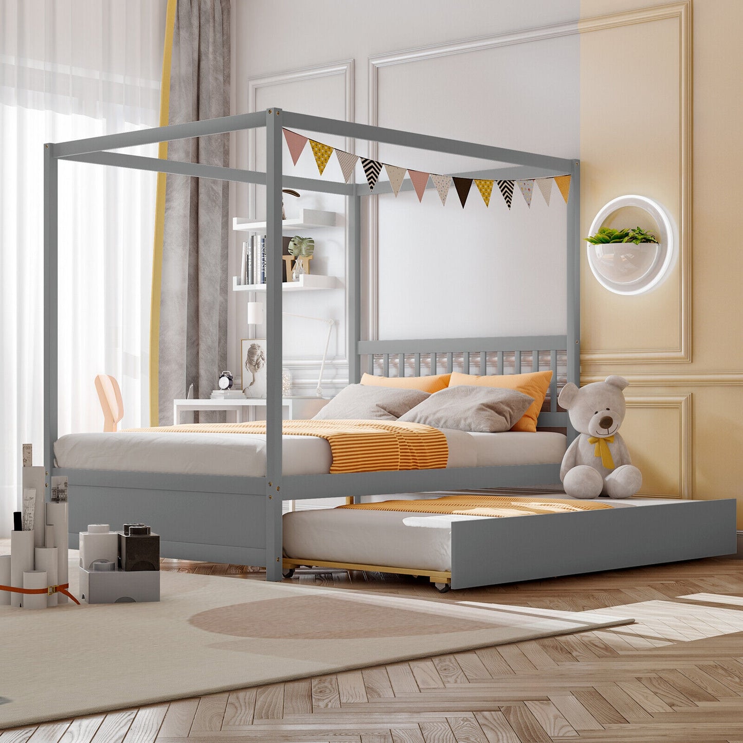 Full Size Canopy Bed with Trundle Wooden Platform Bed Frame Headboard-Gray Kids Crystal