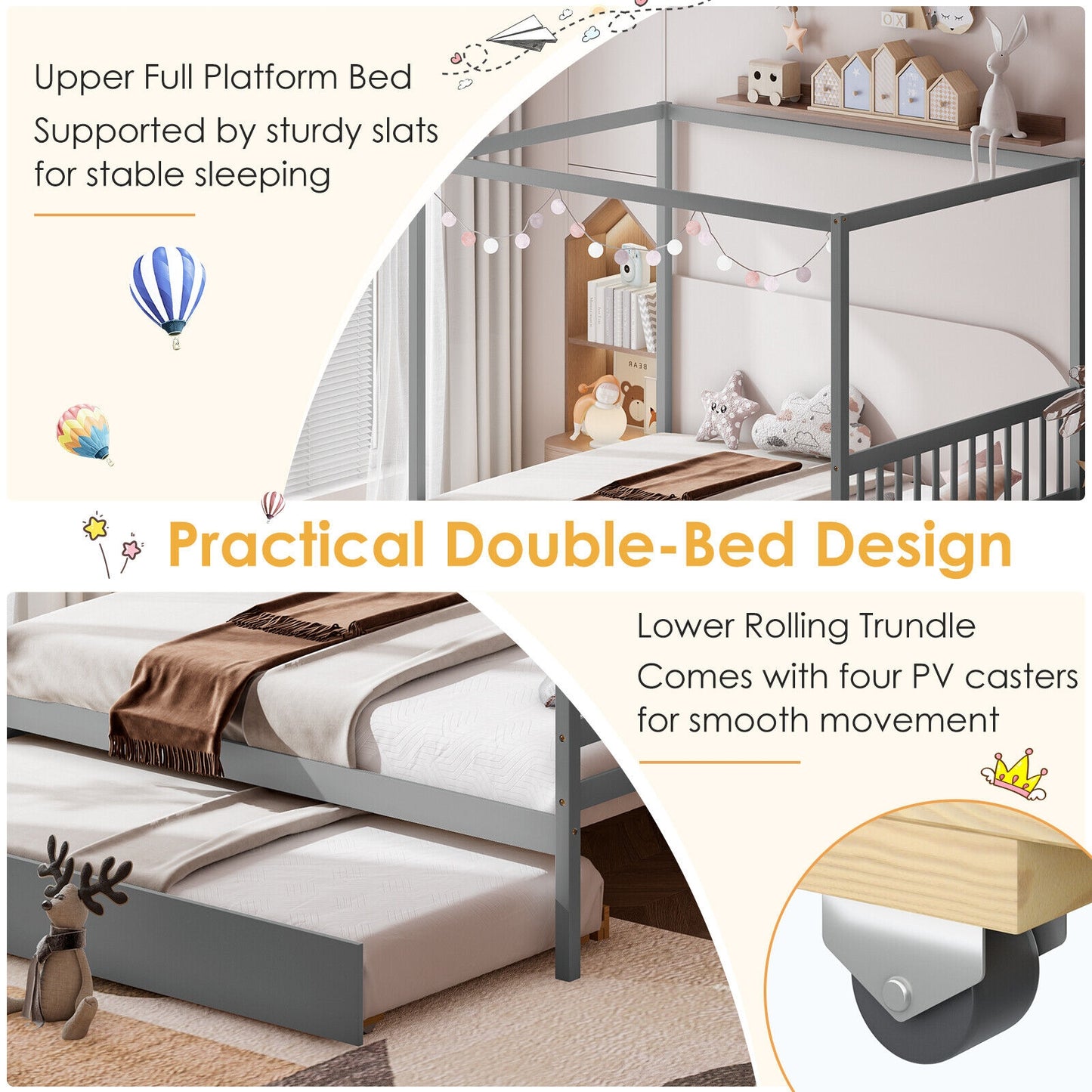 Full Size Canopy Bed with Trundle Wooden Platform Bed Frame Headboard-Gray Kids Crystal
