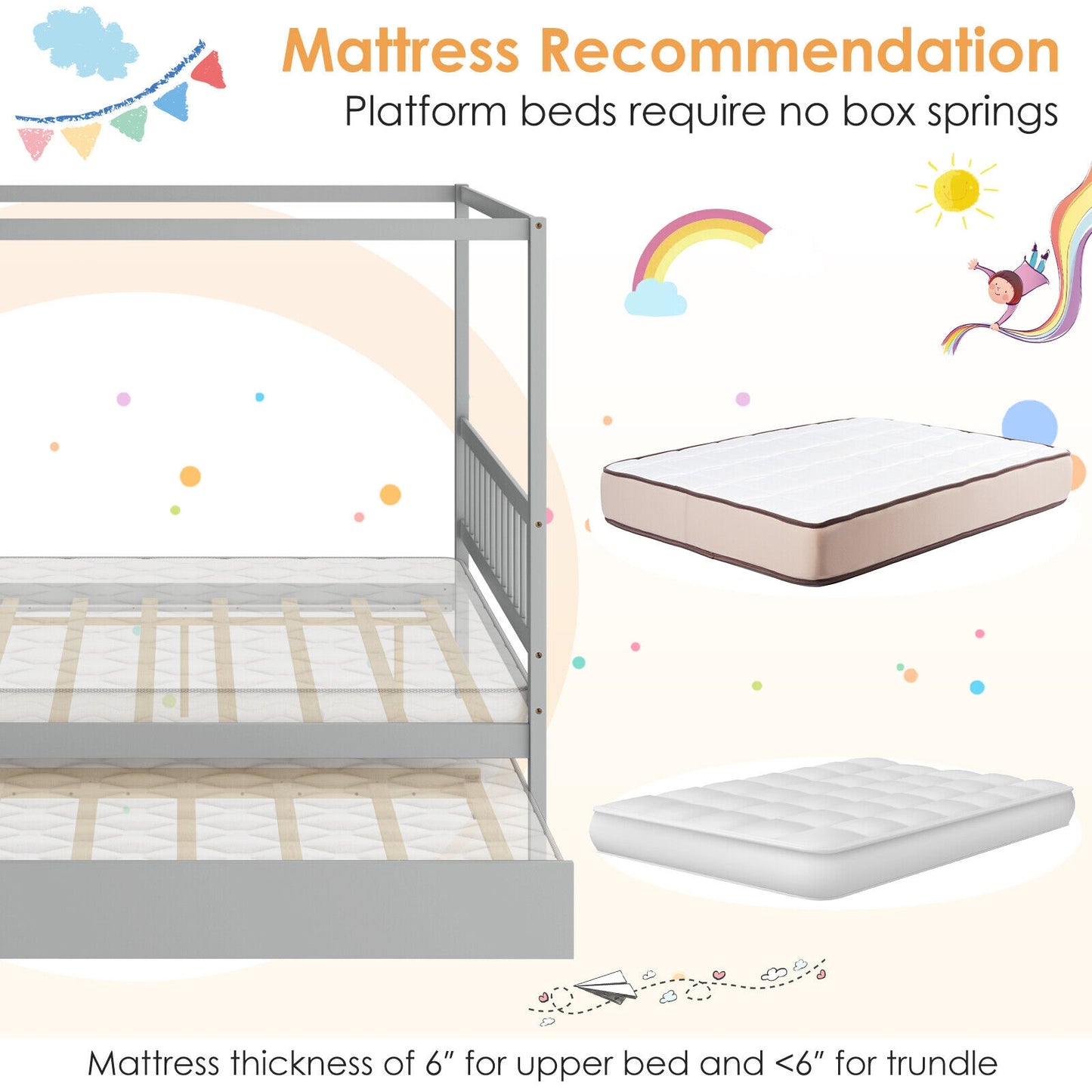 Full Size Canopy Bed with Trundle Wooden Platform Bed Frame Headboard-Gray Kids Crystal