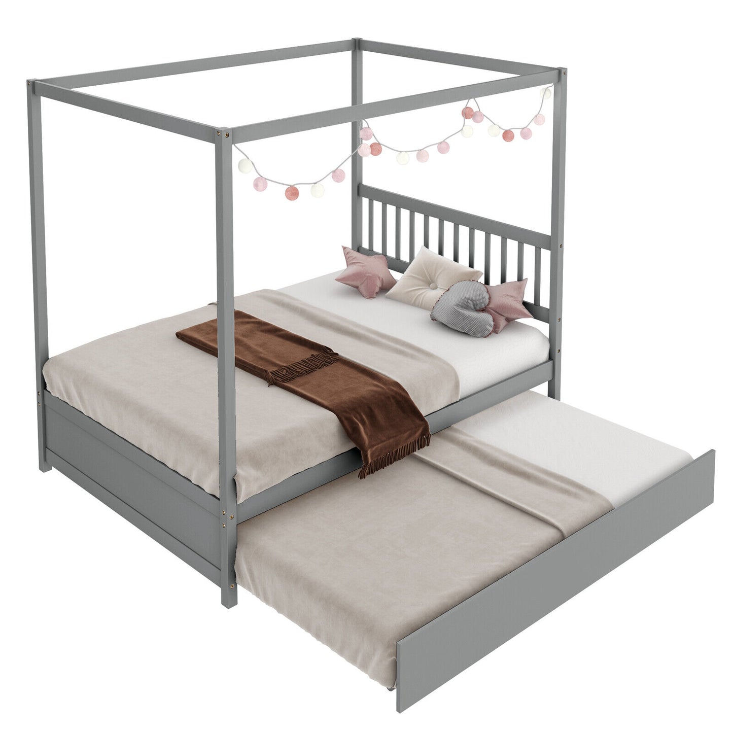 Full Size Canopy Bed with Trundle Wooden Platform Bed Frame Headboard-Gray Kids Crystal