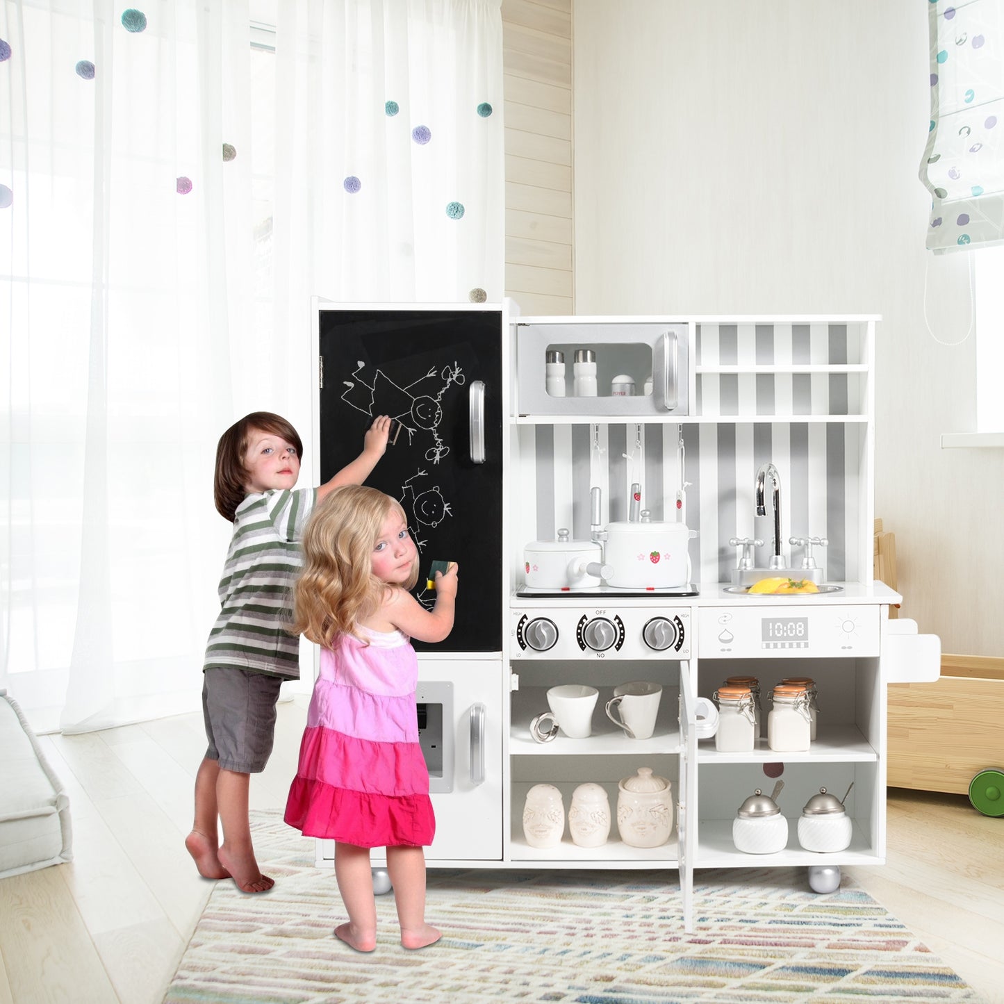 Wooden Pretend Play Kitchen Sets with Simulated Sound Kids Crystal