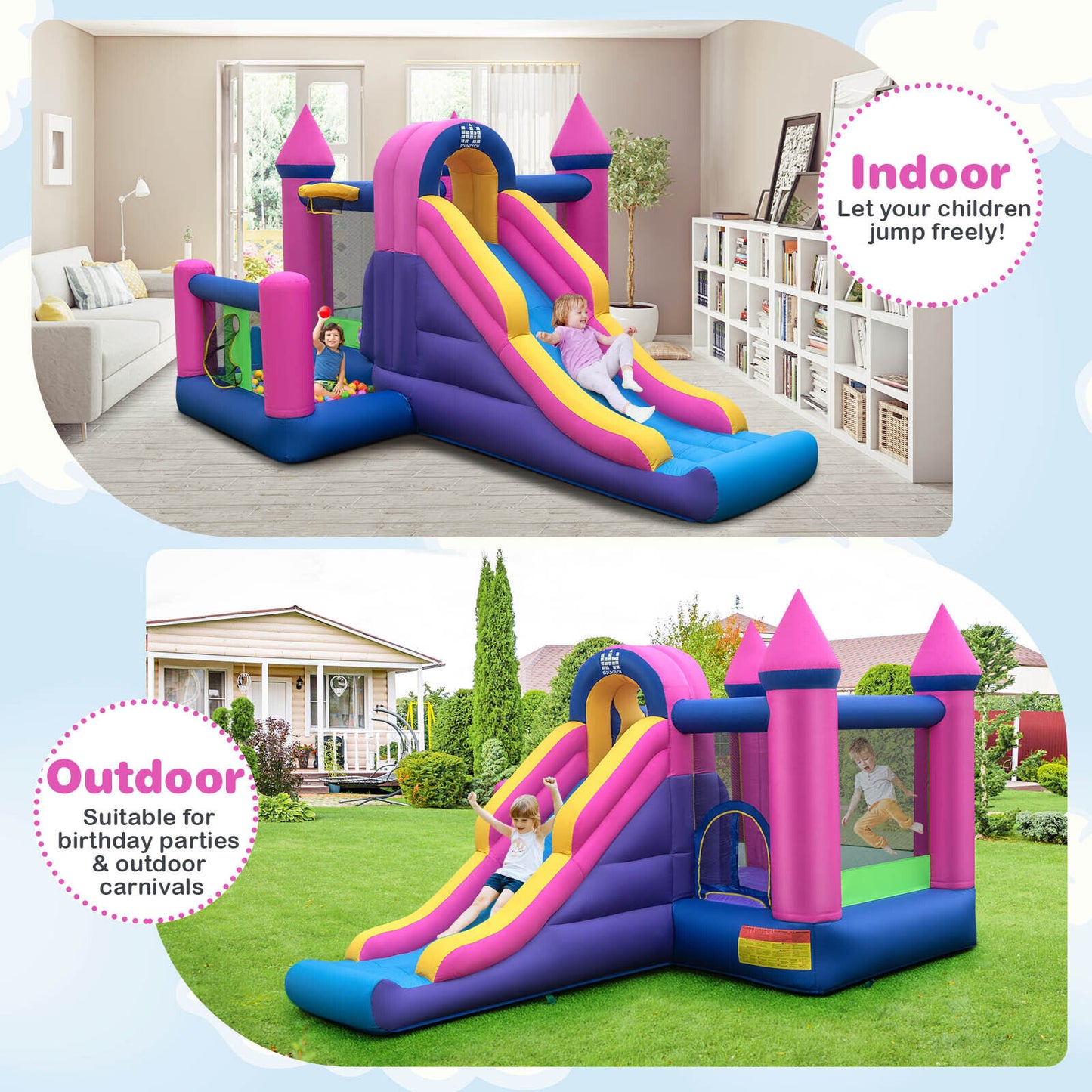 7-in-1 Kids Inflatable Bounce House with Long Slide and 735W Blower Kids Crystal