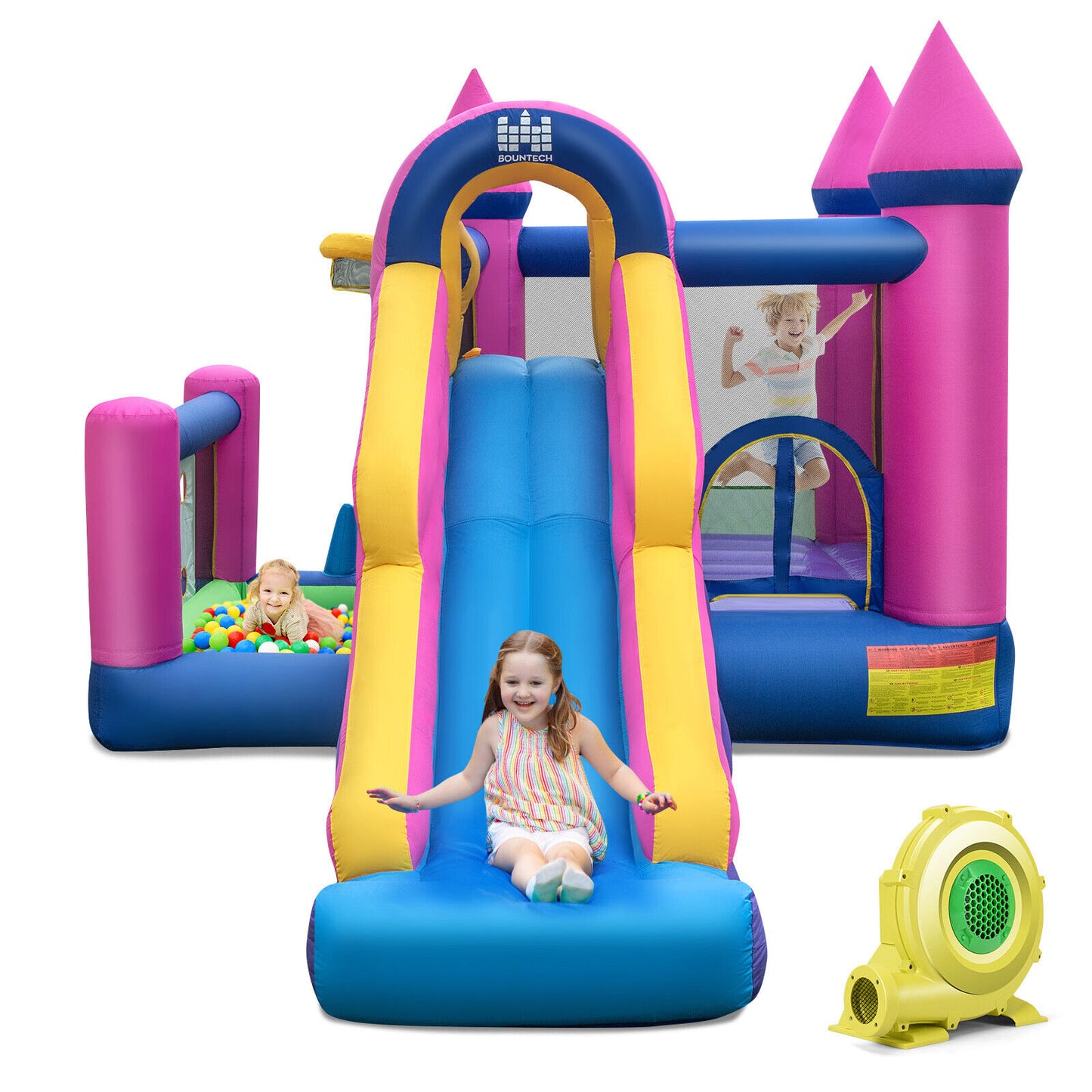 7-in-1 Kids Inflatable Bounce House with Long Slide and 735W Blower Kids Crystal