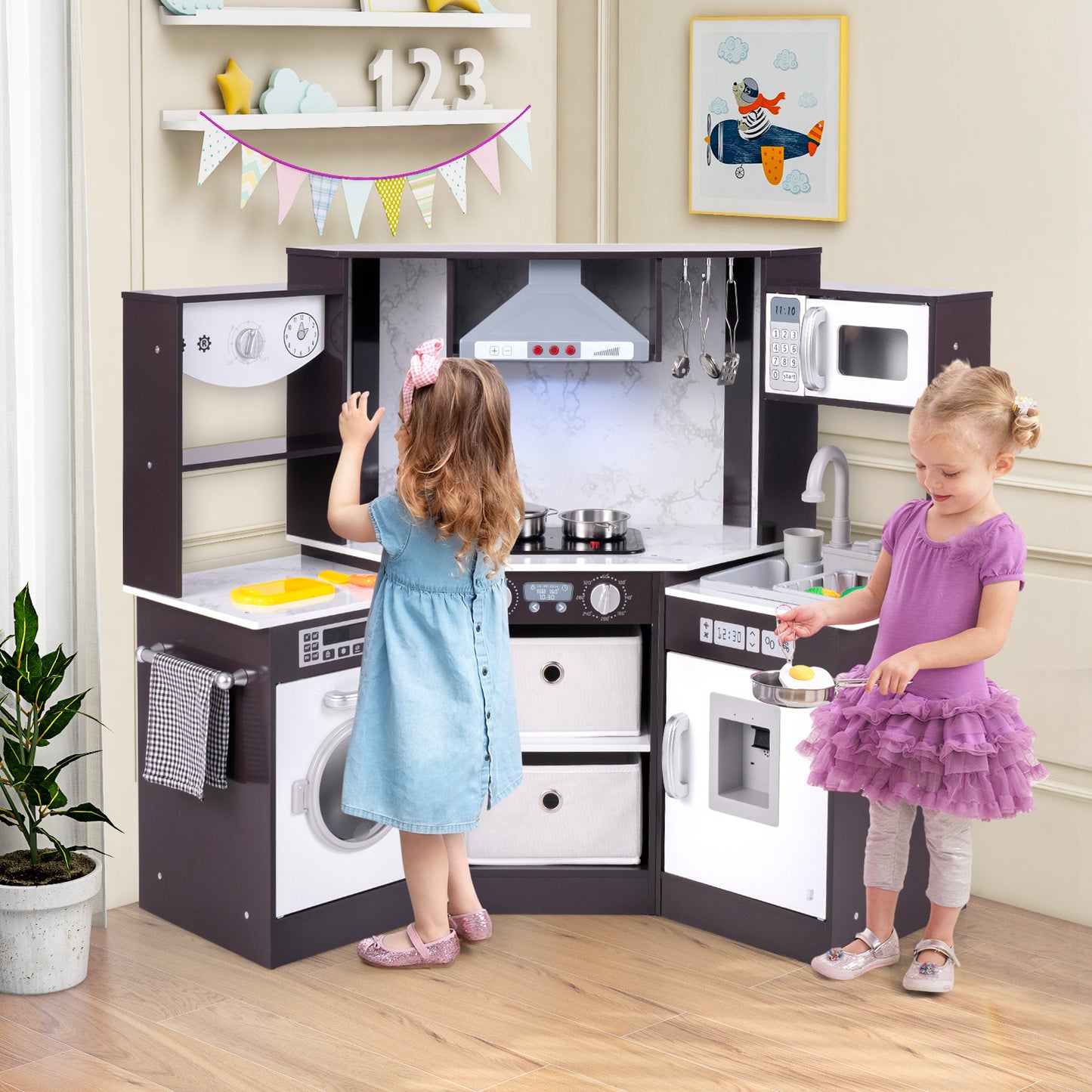Wooden Kids Play Kitchen Playset with Realistic Lights and Sounds-Coffee Kids Crystal