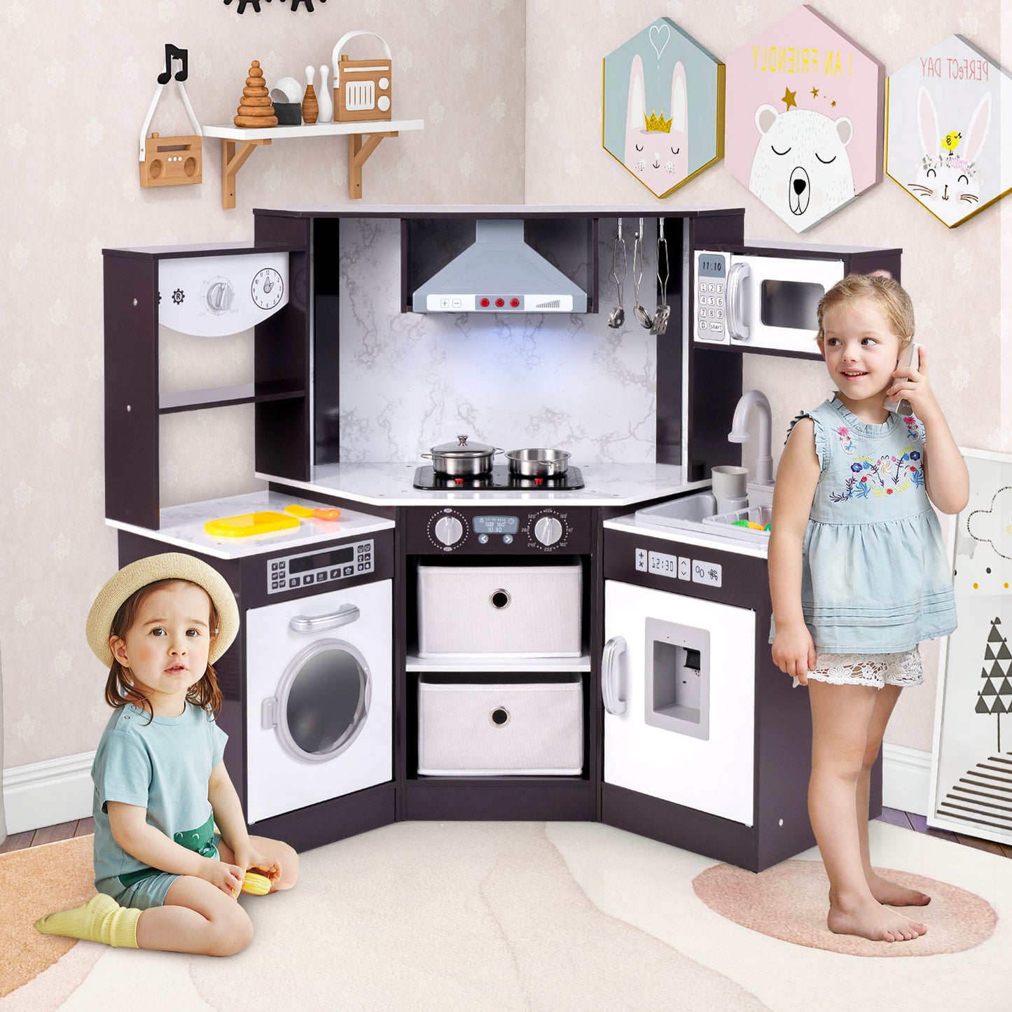 Wooden Kids Play Kitchen Playset with Realistic Lights and Sounds-Coffee Kids Crystal