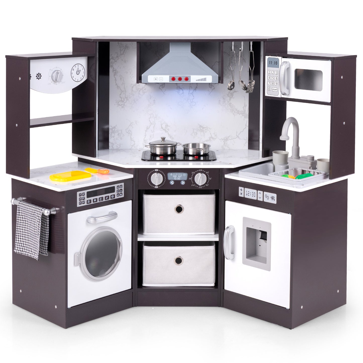 Wooden Kids Play Kitchen Playset with Realistic Lights and Sounds-Coffee Kids Crystal