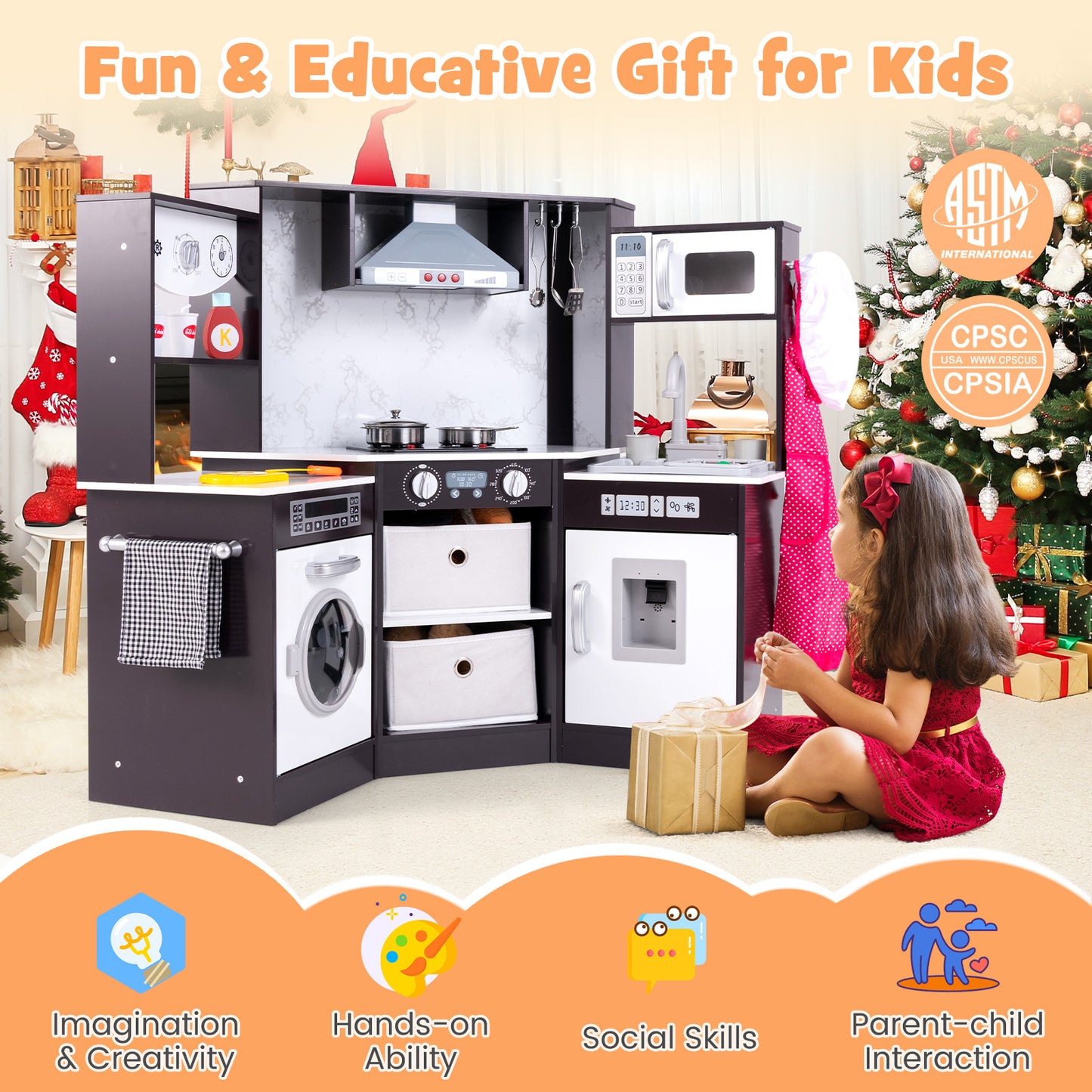 Wooden Kids Play Kitchen Playset with Realistic Lights and Sounds-Coffee Kids Crystal
