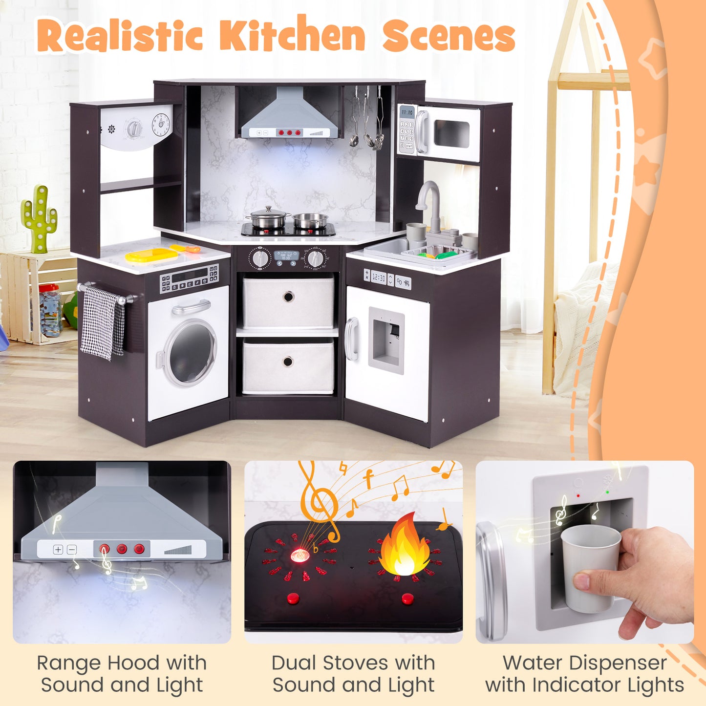 Wooden Kids Play Kitchen Playset with Realistic Lights and Sounds-Coffee Kids Crystal