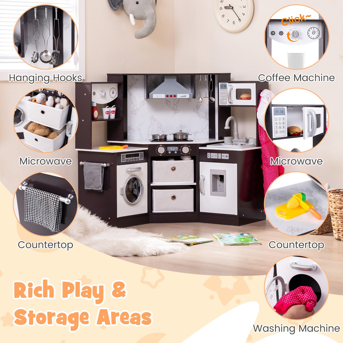 Wooden Kids Play Kitchen Playset with Realistic Lights and Sounds-Coffee Kids Crystal