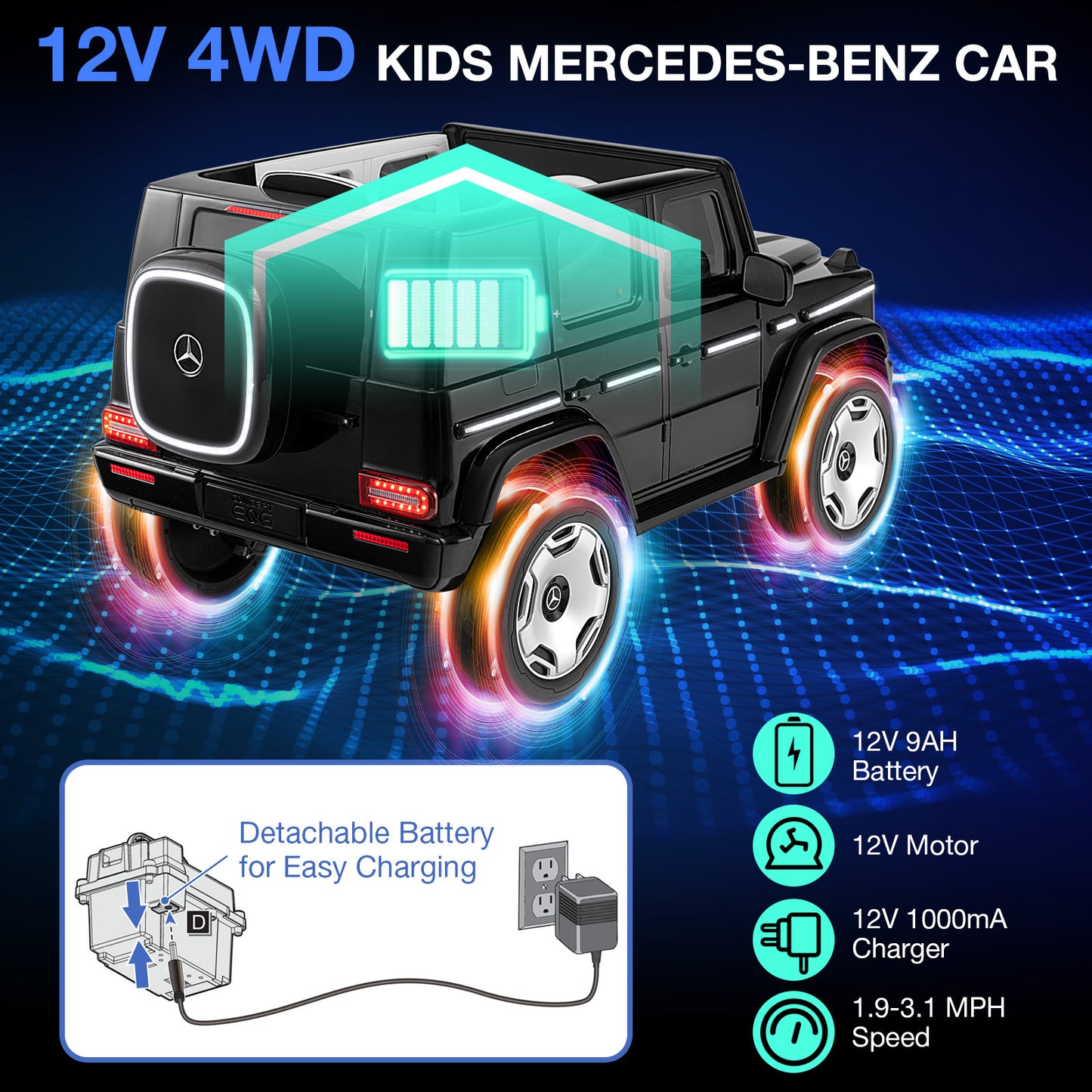 12V Licensed Mercedes-Benz EQG Kids Ride On Car with Remote Control-Black Kids Crystal