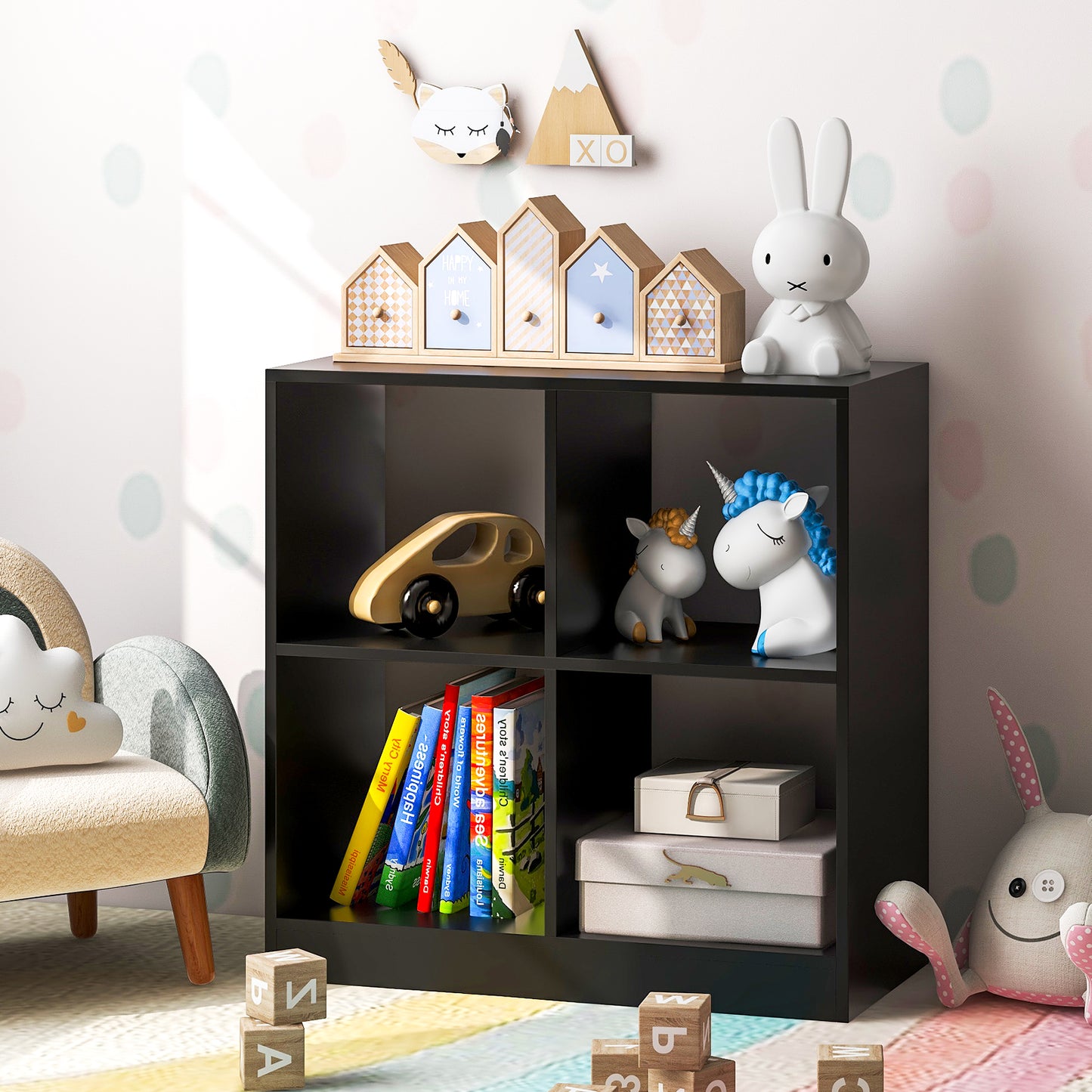 4-Cube Kids Bookcase with Open Shelves-Black Kids Crystal