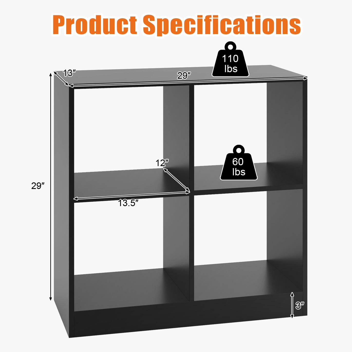 4-Cube Kids Bookcase with Open Shelves-Black Kids Crystal
